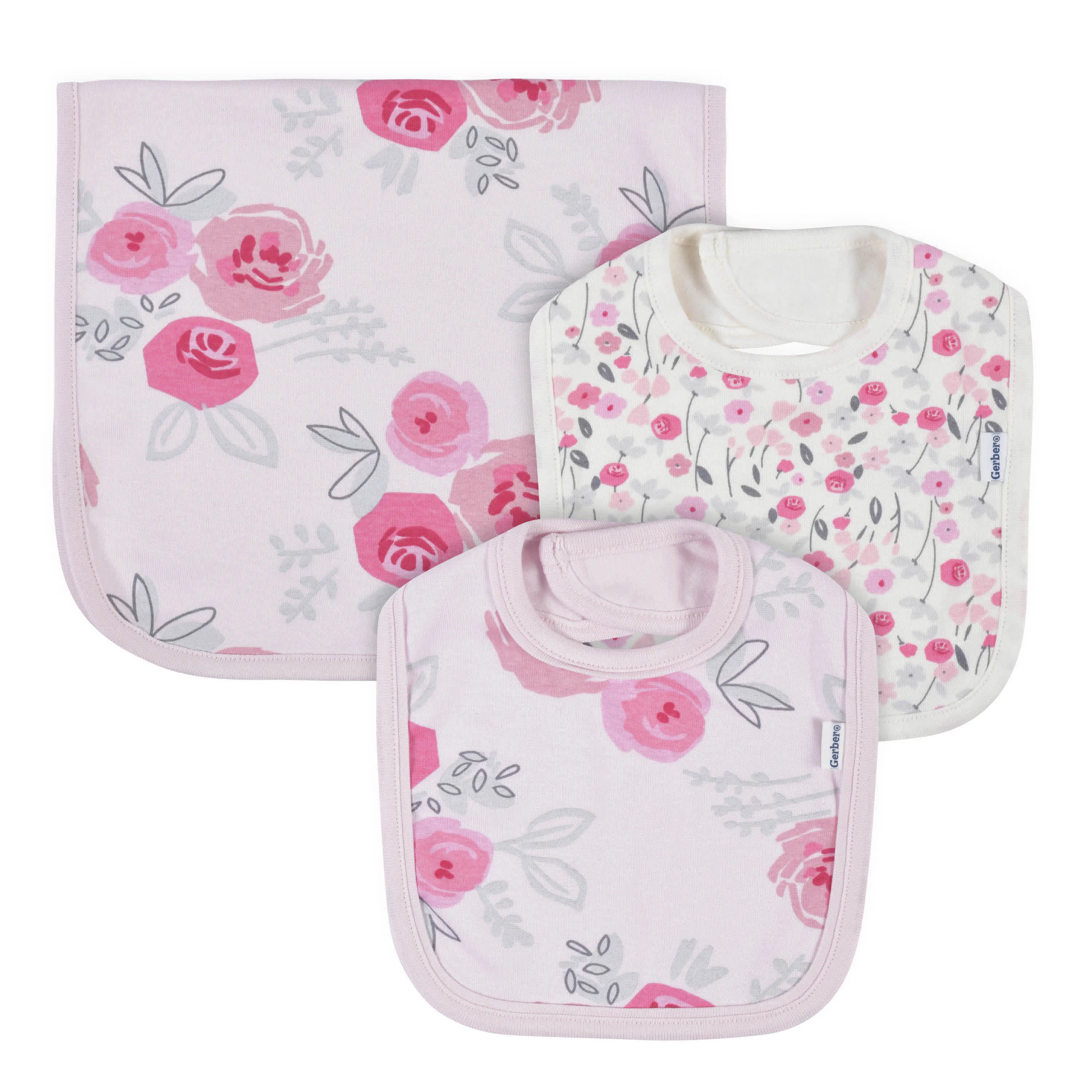 3-Piece Baby Girls Comfy Stretch Roses & Bunnies Bib & Burps Set