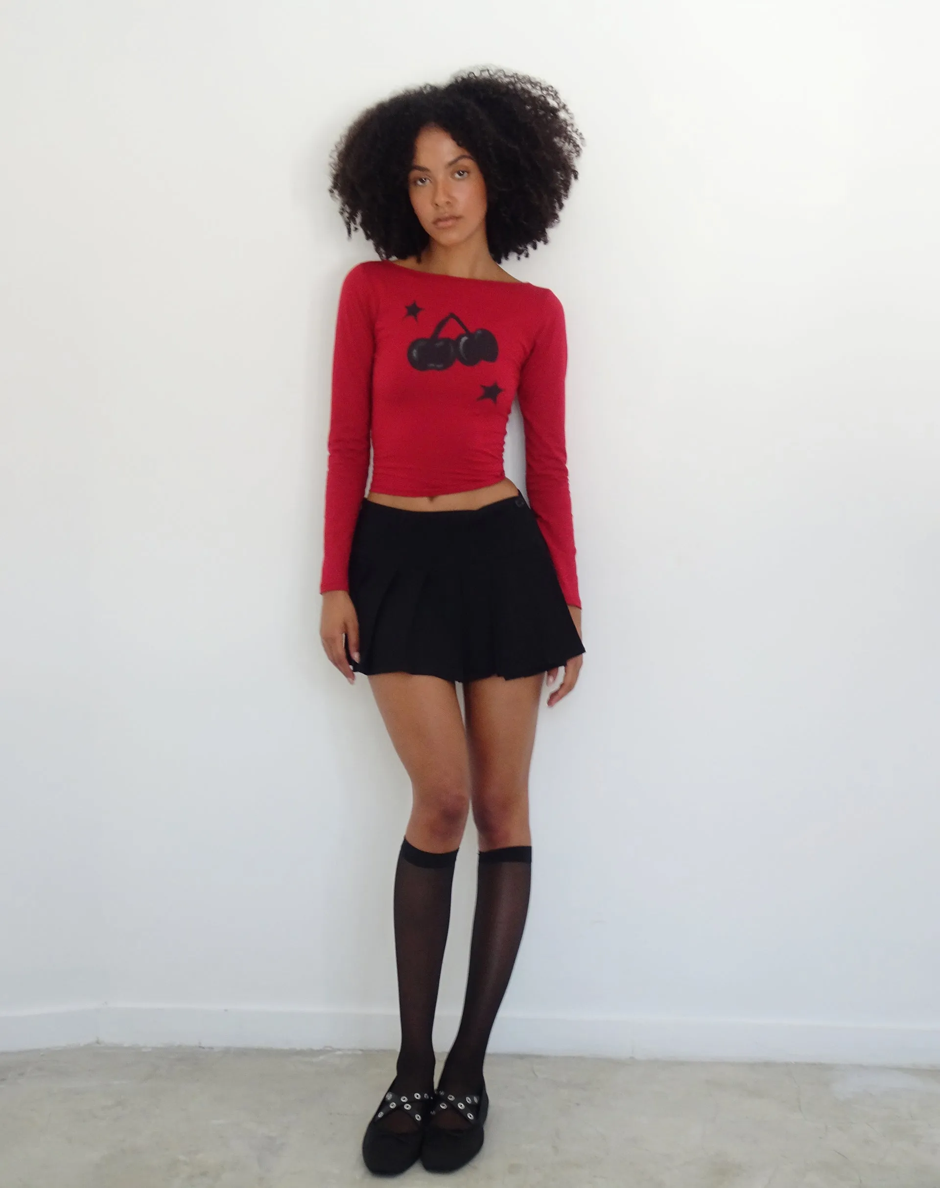 Amabon Long Sleeve Top in Adrenalin Red with Cherry Print