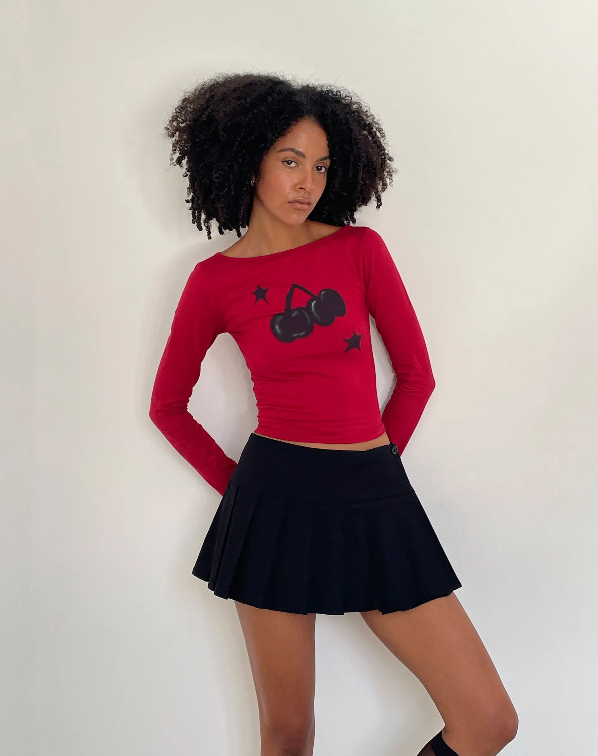 Amabon Long Sleeve Top in Adrenalin Red with Cherry Print