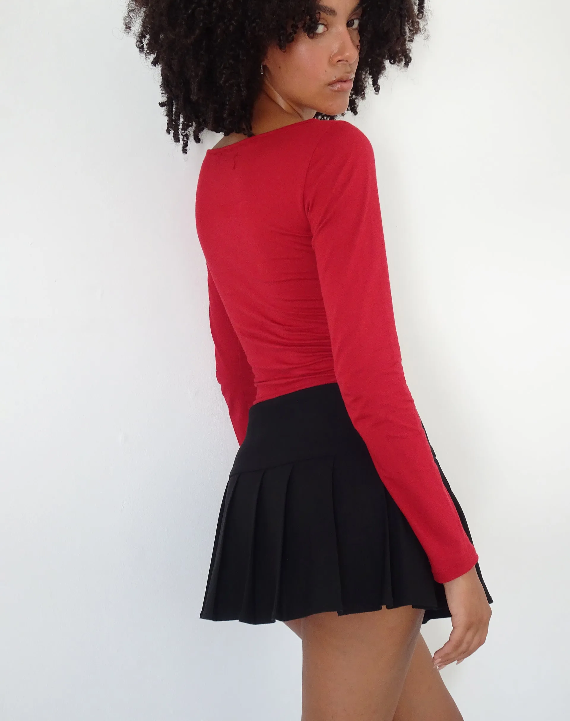 Amabon Long Sleeve Top in Adrenalin Red with Cherry Print