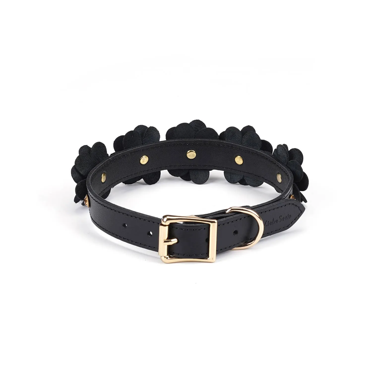 Black Leather Flowers Collar with Leash