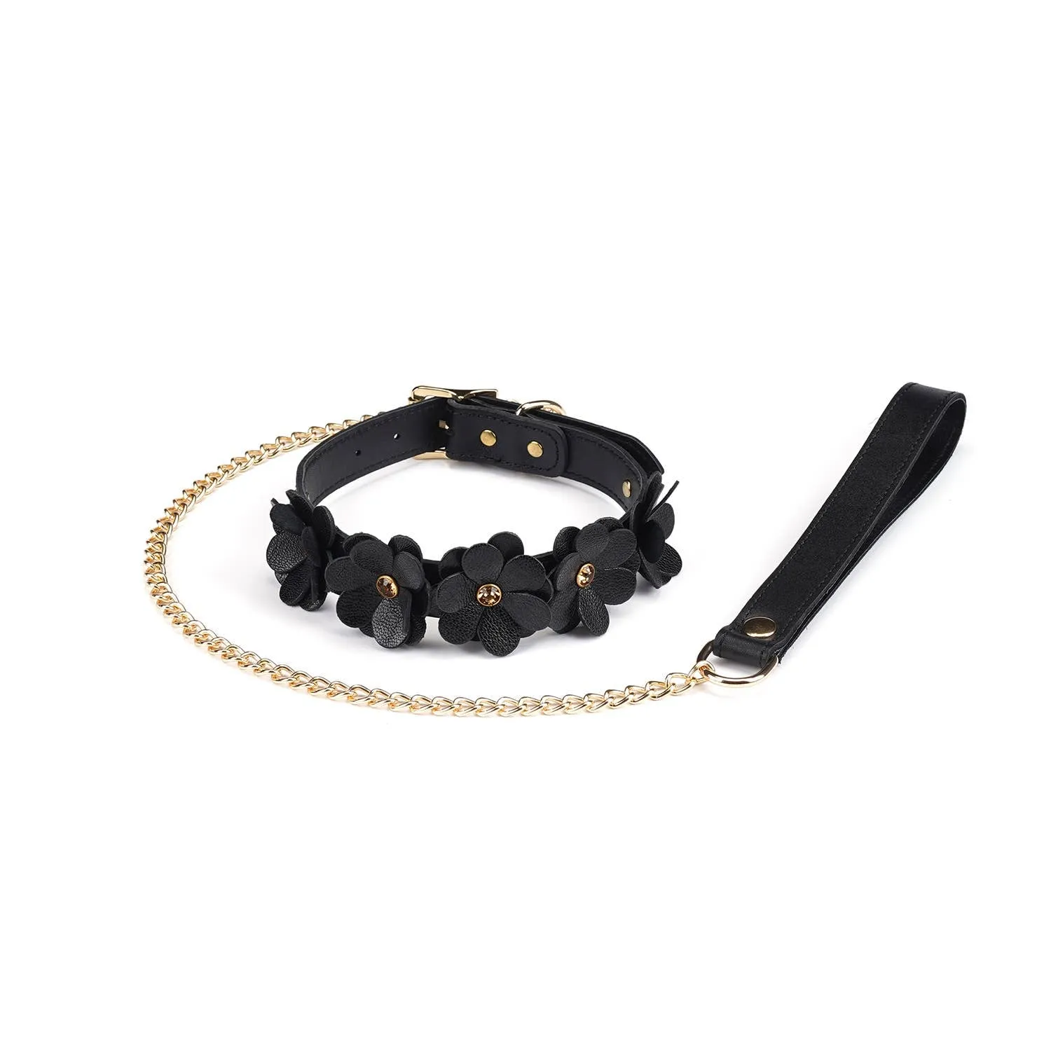 Black Leather Flowers Collar with Leash