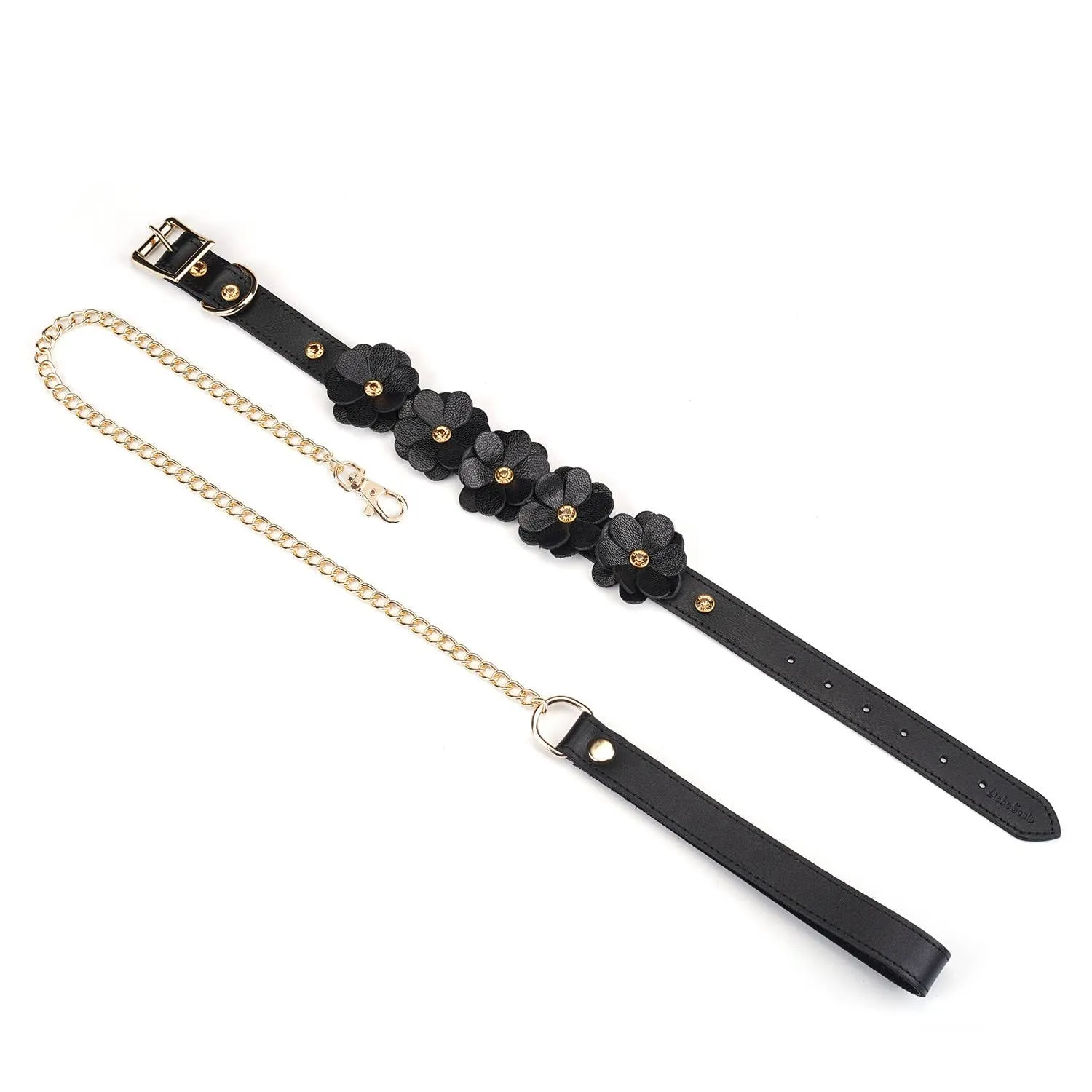 Black Leather Flowers Collar with Leash