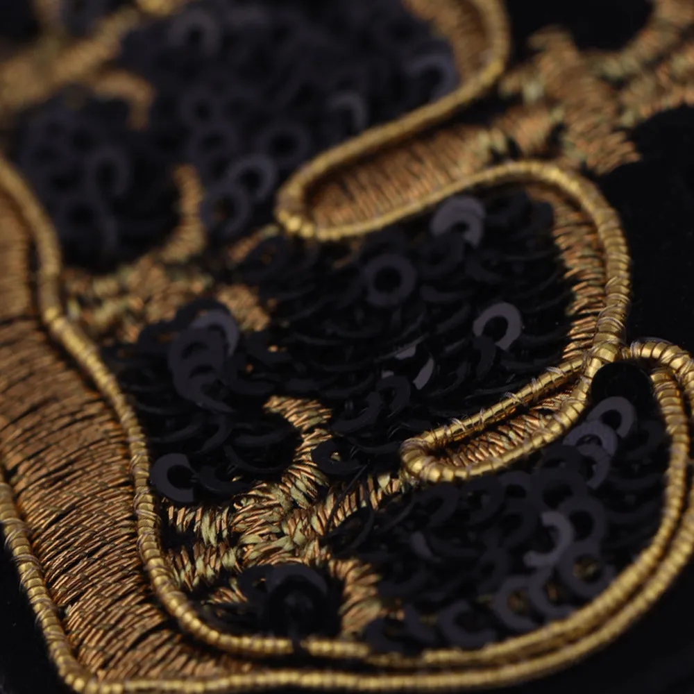 Black with Gold Embroidery Sequins Crown Patch