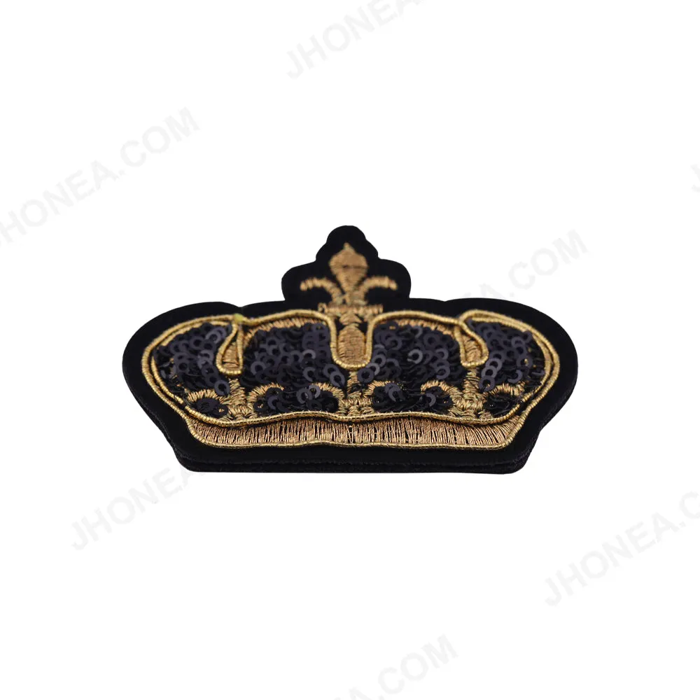 Black with Gold Embroidery Sequins Crown Patch