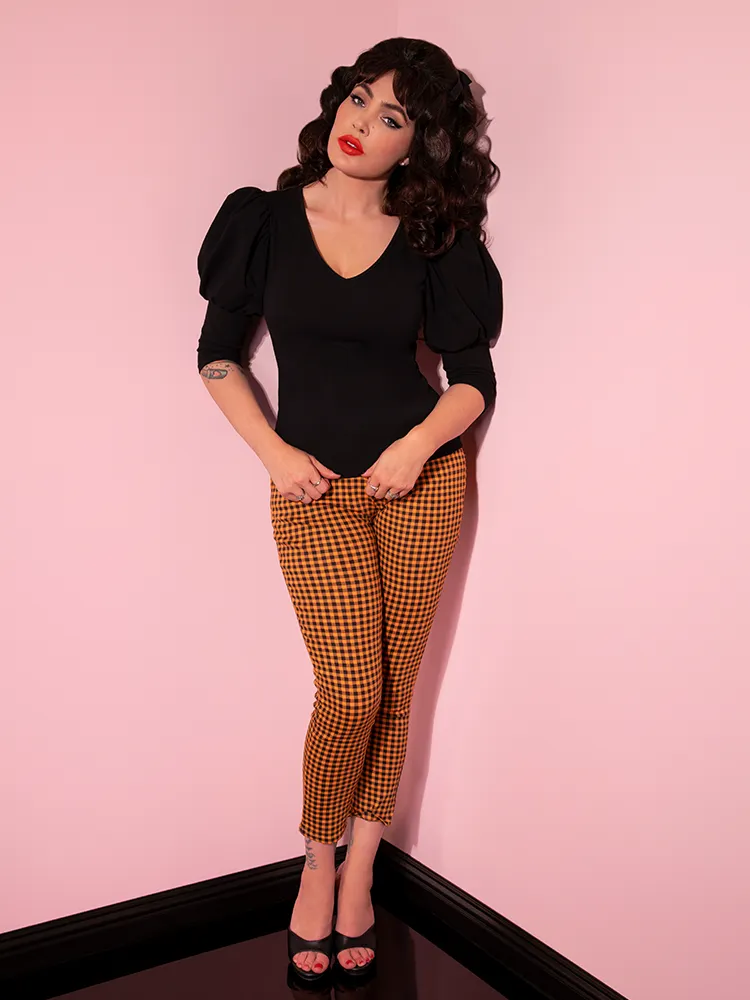 Cigarette Pants in Orange Pumpkin Gingham - Vixen by Micheline Pitt