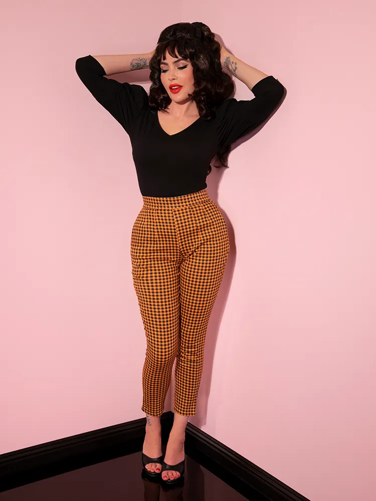 Cigarette Pants in Orange Pumpkin Gingham - Vixen by Micheline Pitt