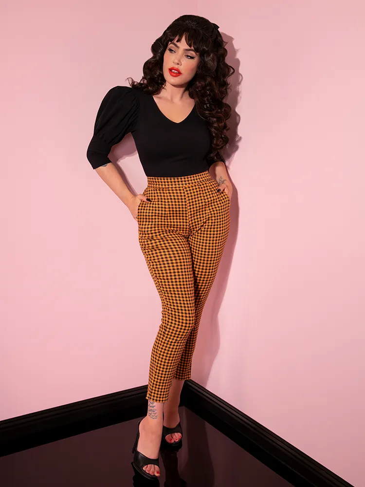 Cigarette Pants in Orange Pumpkin Gingham - Vixen by Micheline Pitt