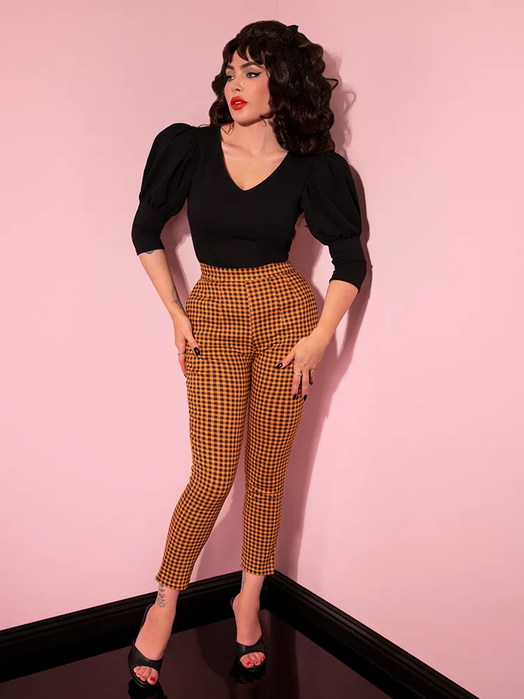 Cigarette Pants in Orange Pumpkin Gingham - Vixen by Micheline Pitt