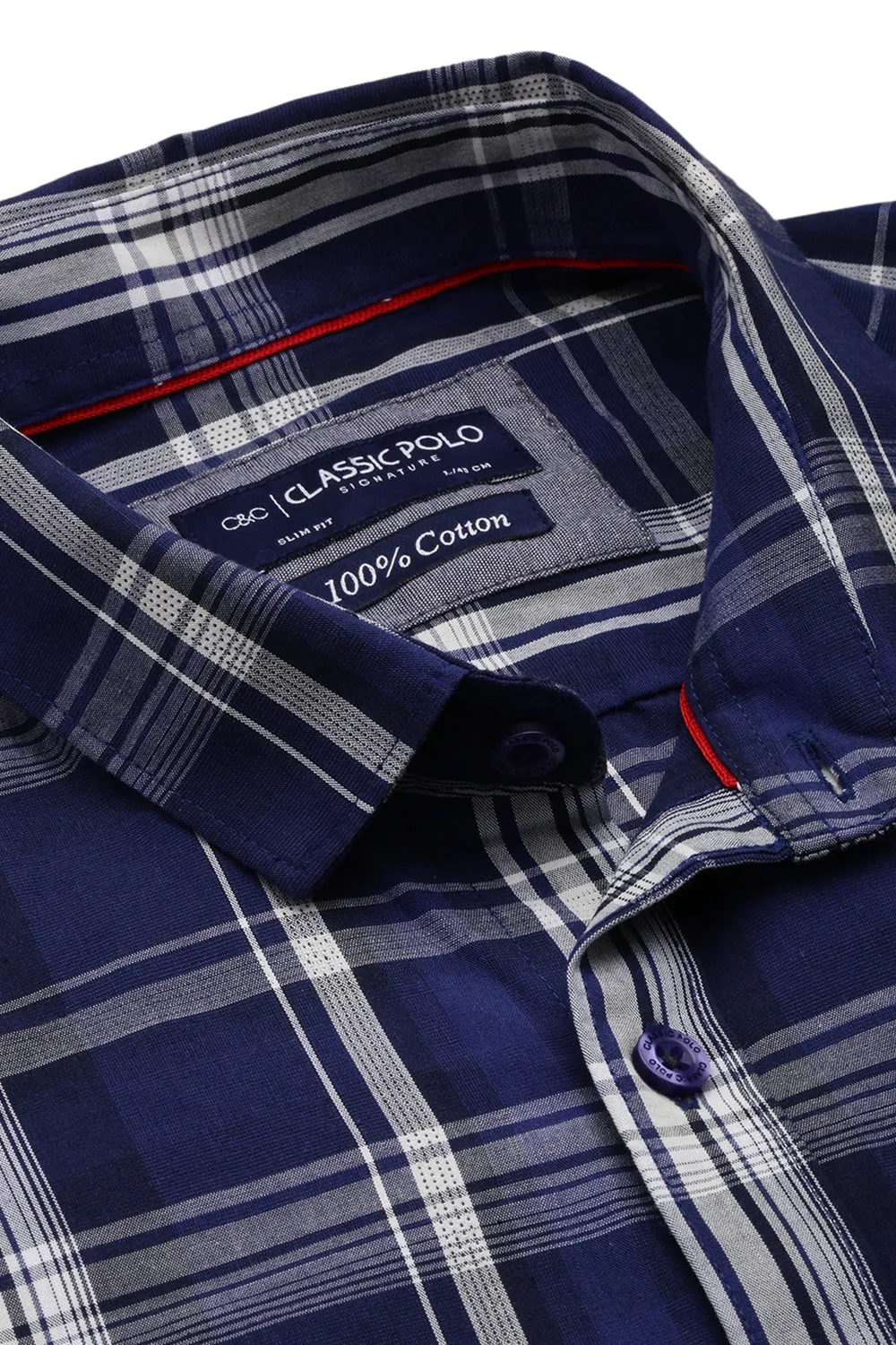 Classic Polo Men's Cotton Full Sleeve Checked Slim Fit Polo Neck Navy Color Woven Shirt | So1-134 A