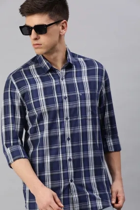 Classic Polo Men's Cotton Full Sleeve Checked Slim Fit Polo Neck Navy Color Woven Shirt | So1-134 A