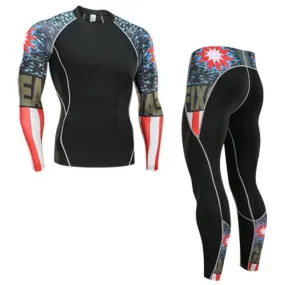 Fire Cracker Long Sleeve No Gi BJJ Compression Rash Guard & Leggings/Spats for Jiu Jitsu, MMA, Grappling & Wrestling Kit