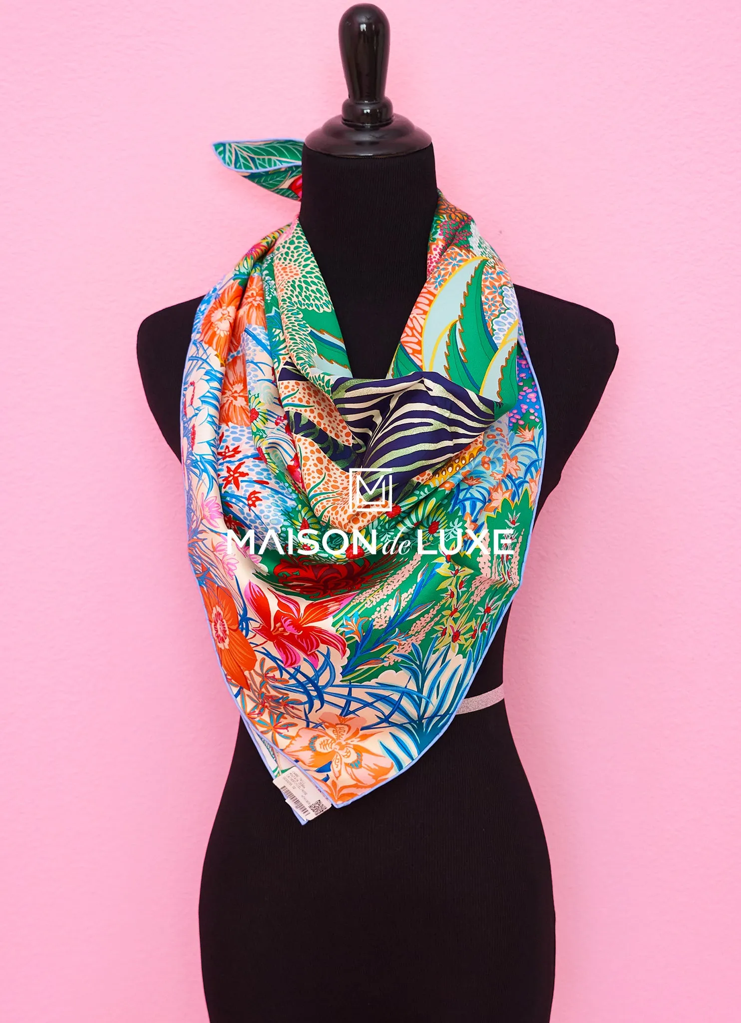 Hermes "Mountain Zebra" Green Twill Silk 90 cm Scarf