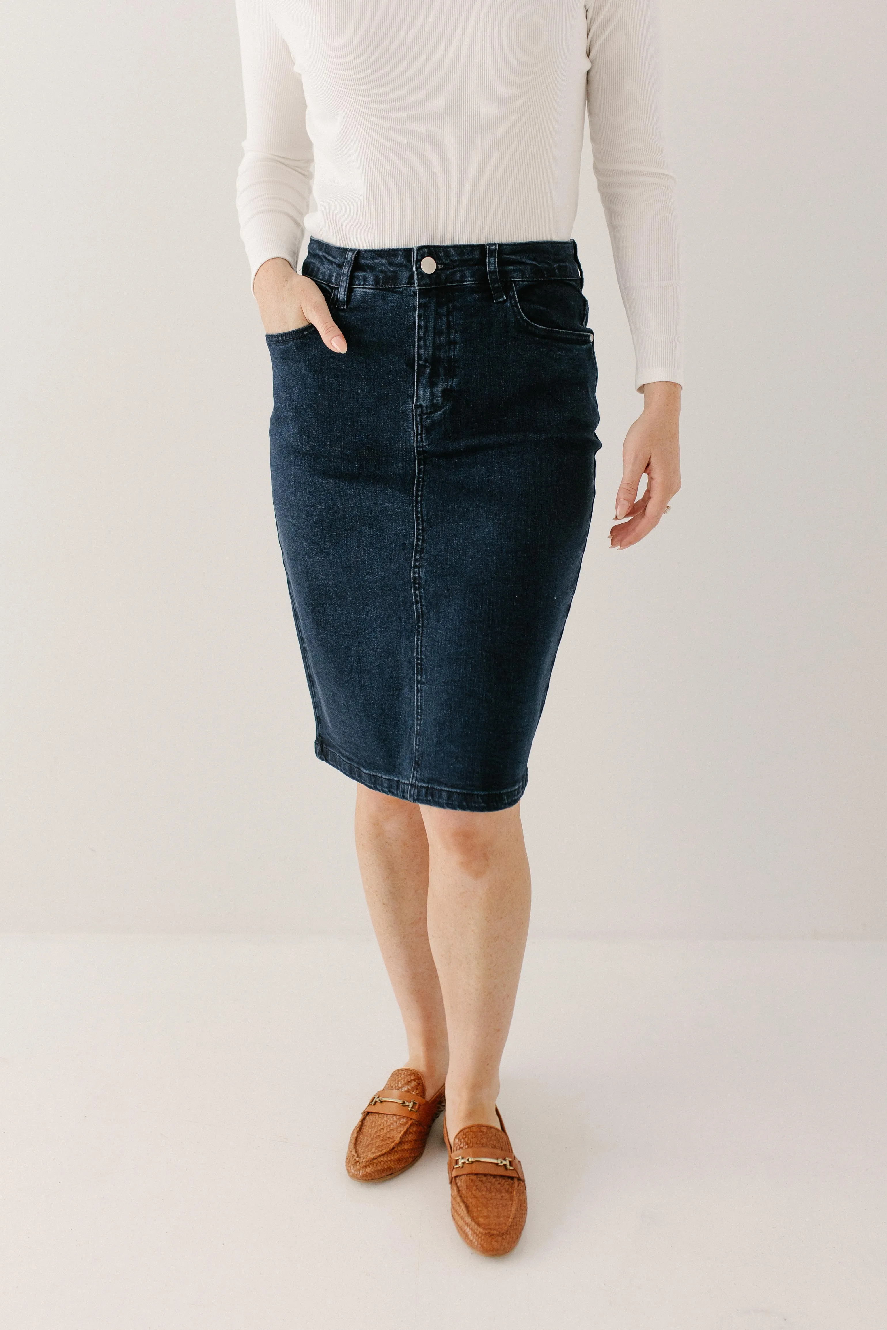 'Krista' Knee Length Denim Pencil Skirt in Dark Wash