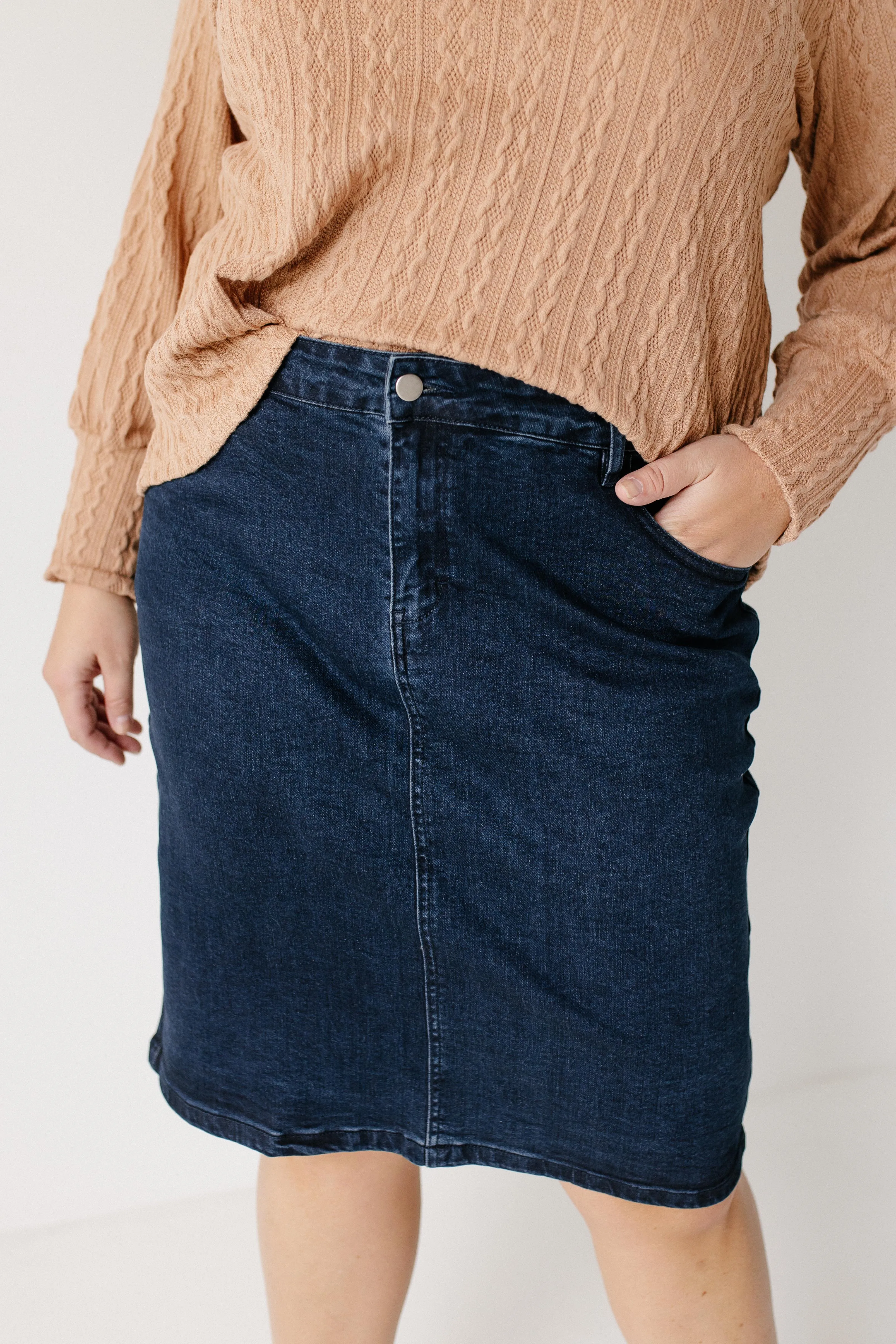 'Krista' Knee Length Denim Pencil Skirt in Dark Wash