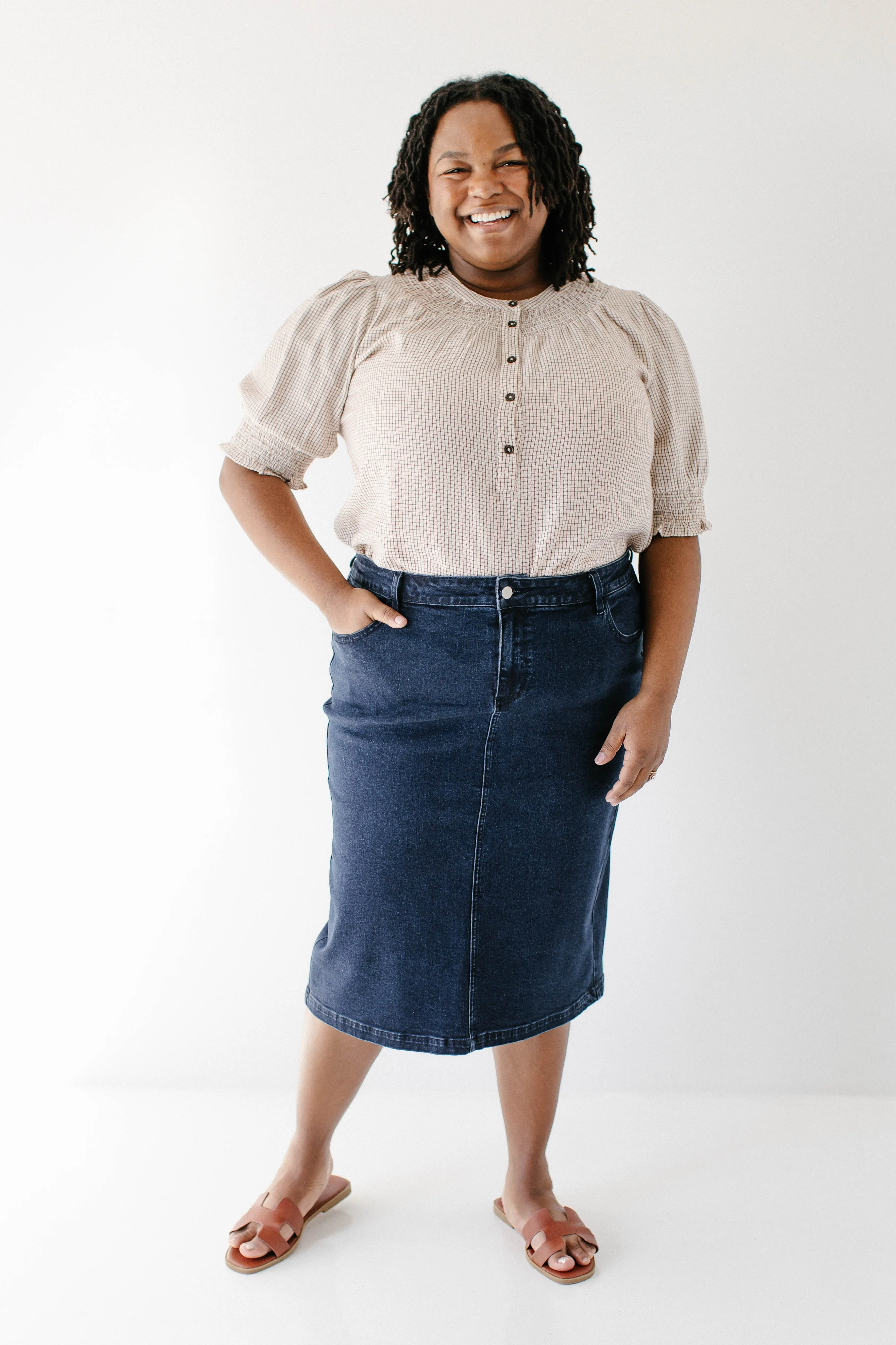 'Krista' Knee Length Denim Pencil Skirt in Dark Wash