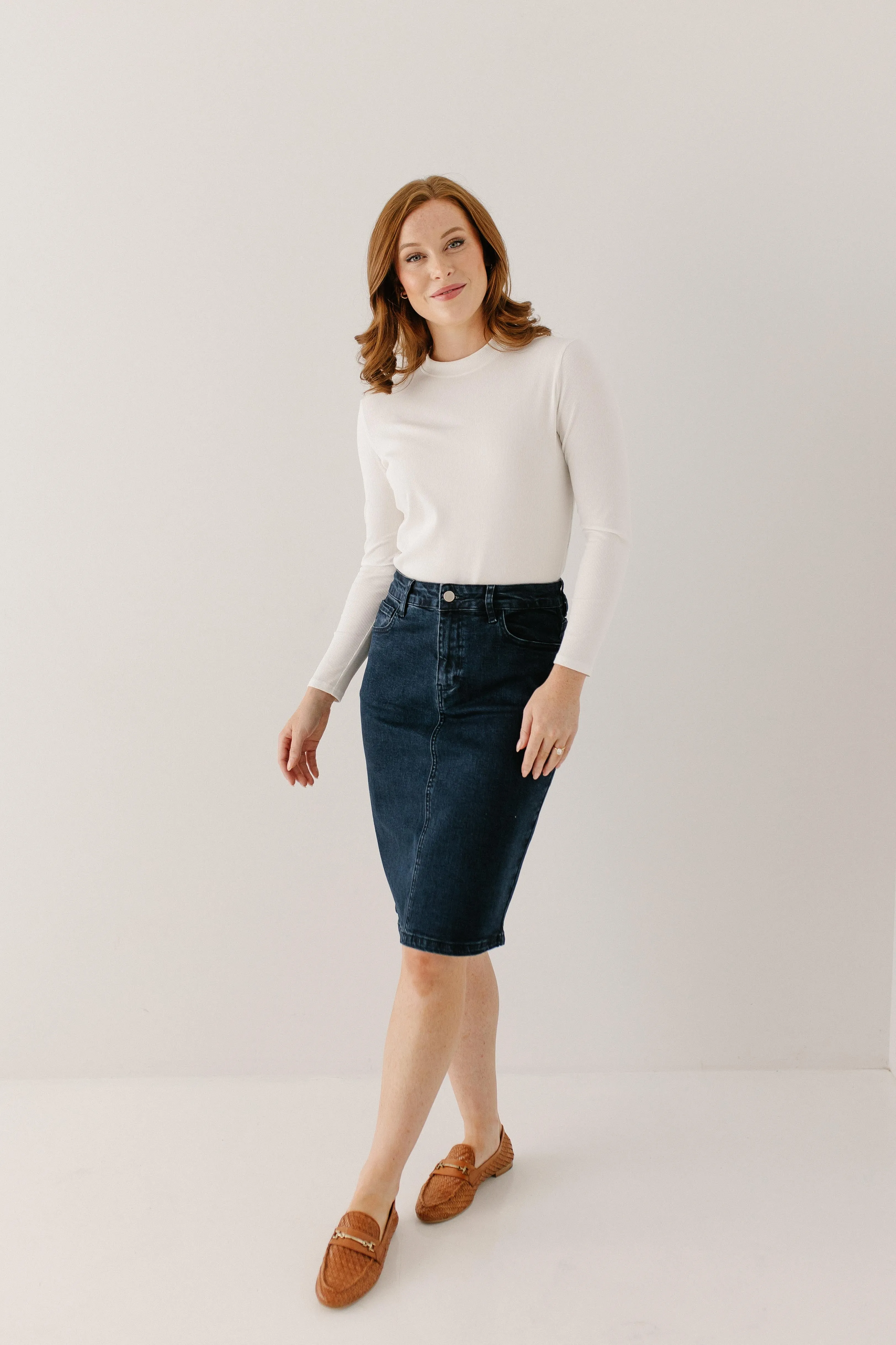 'Krista' Knee Length Denim Pencil Skirt in Dark Wash