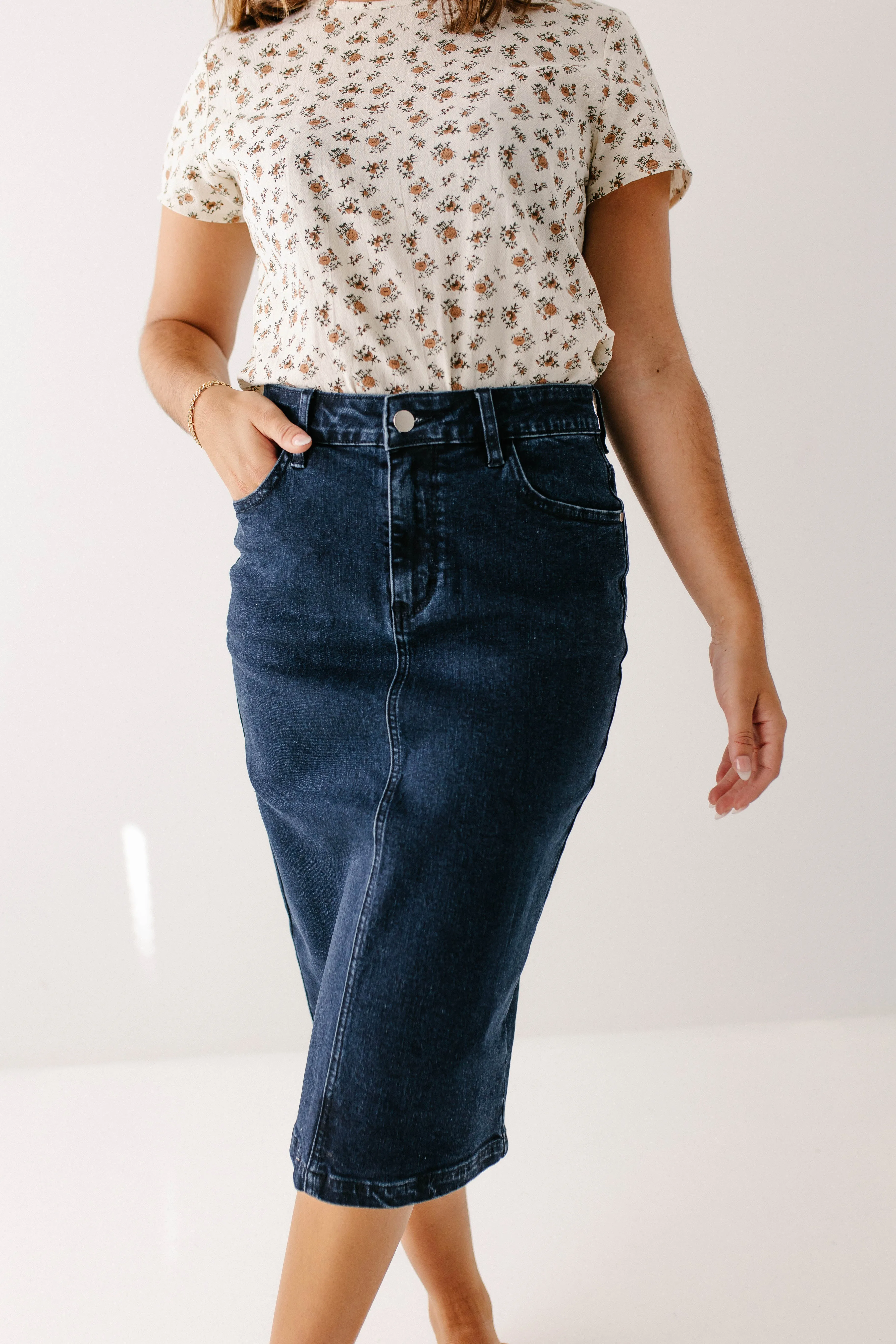 'Krista' Knee Length Denim Pencil Skirt in Dark Wash