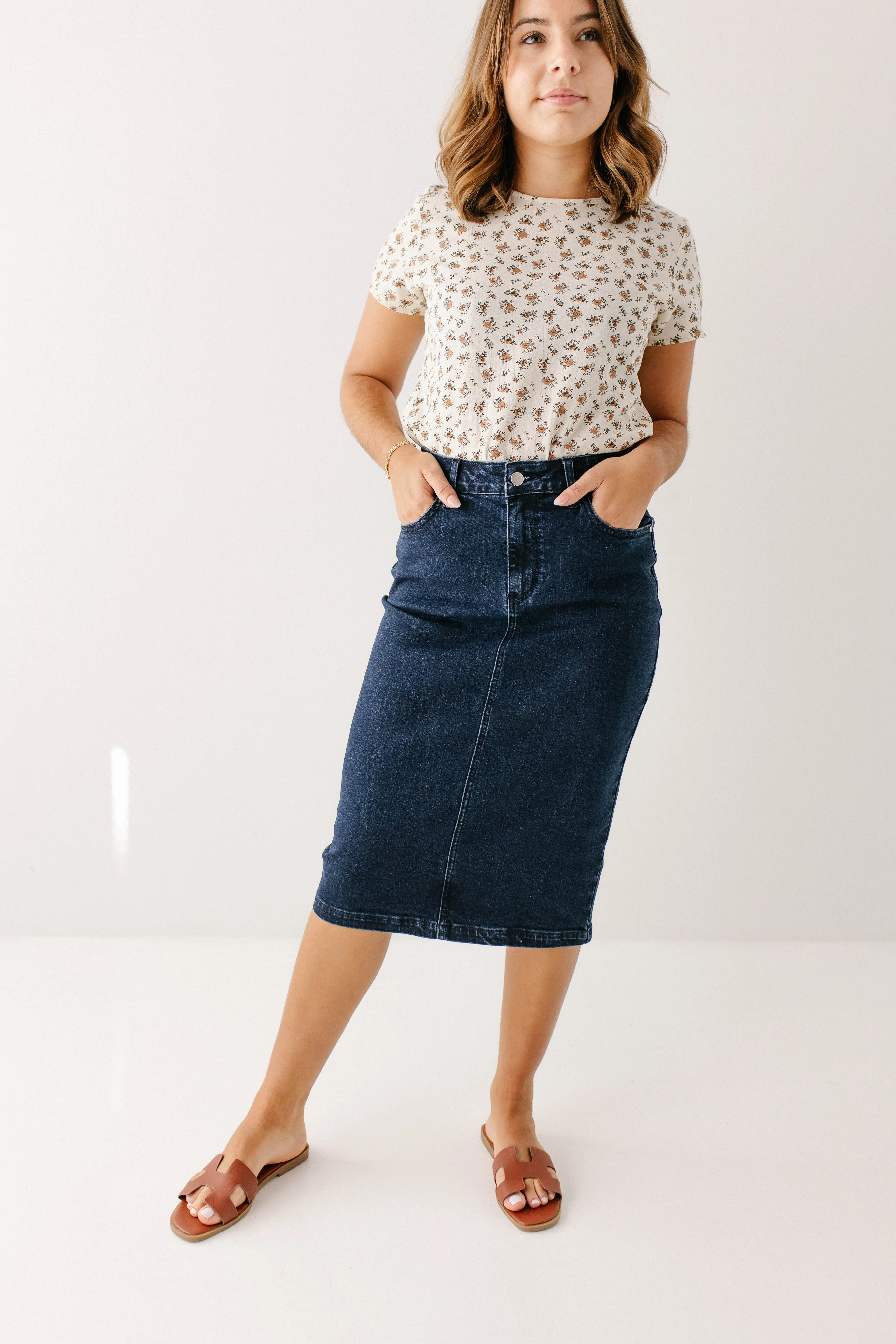 'Krista' Knee Length Denim Pencil Skirt in Dark Wash