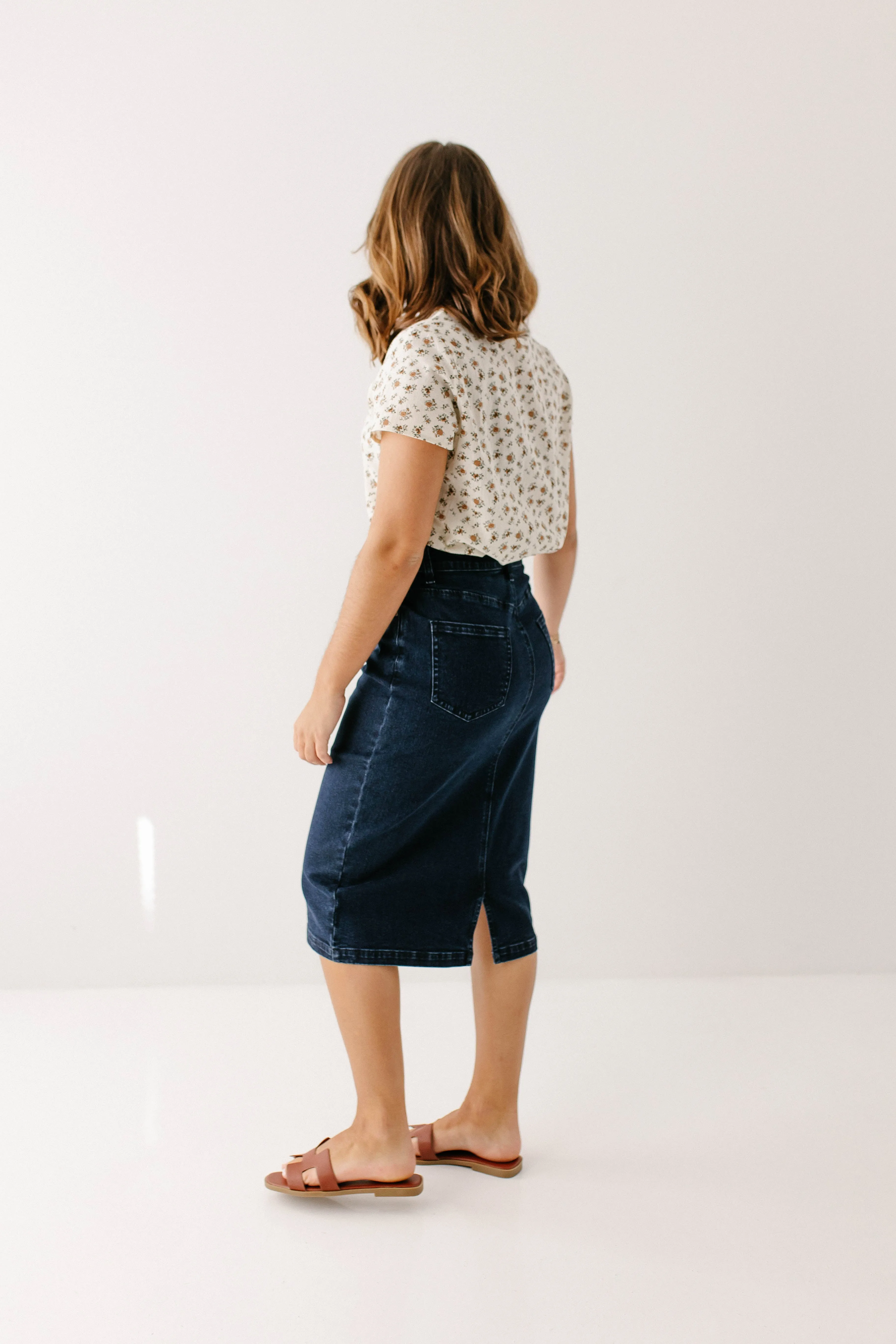 'Krista' Knee Length Denim Pencil Skirt in Dark Wash