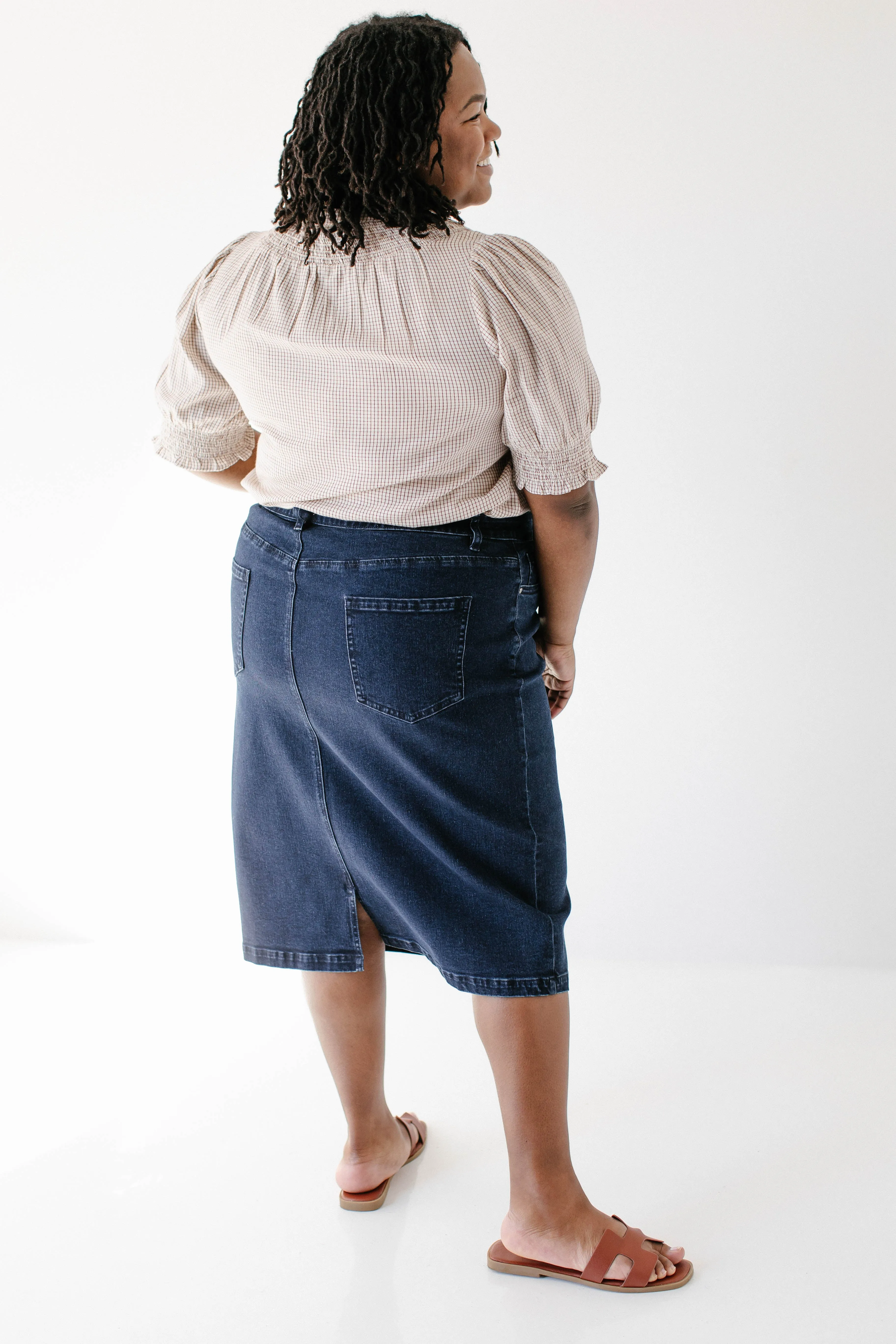 'Krista' Knee Length Denim Pencil Skirt in Dark Wash