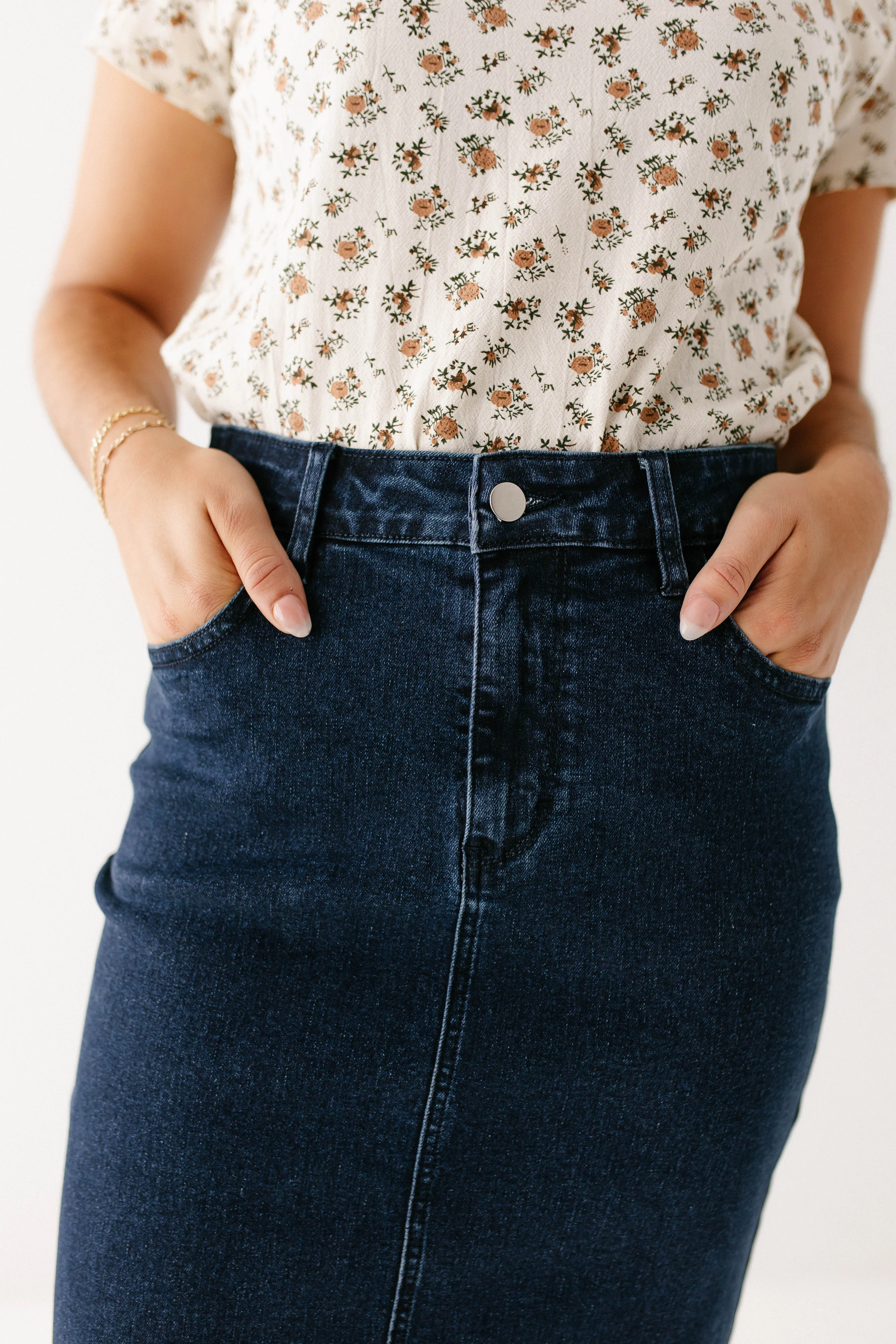 'Krista' Knee Length Denim Pencil Skirt in Dark Wash