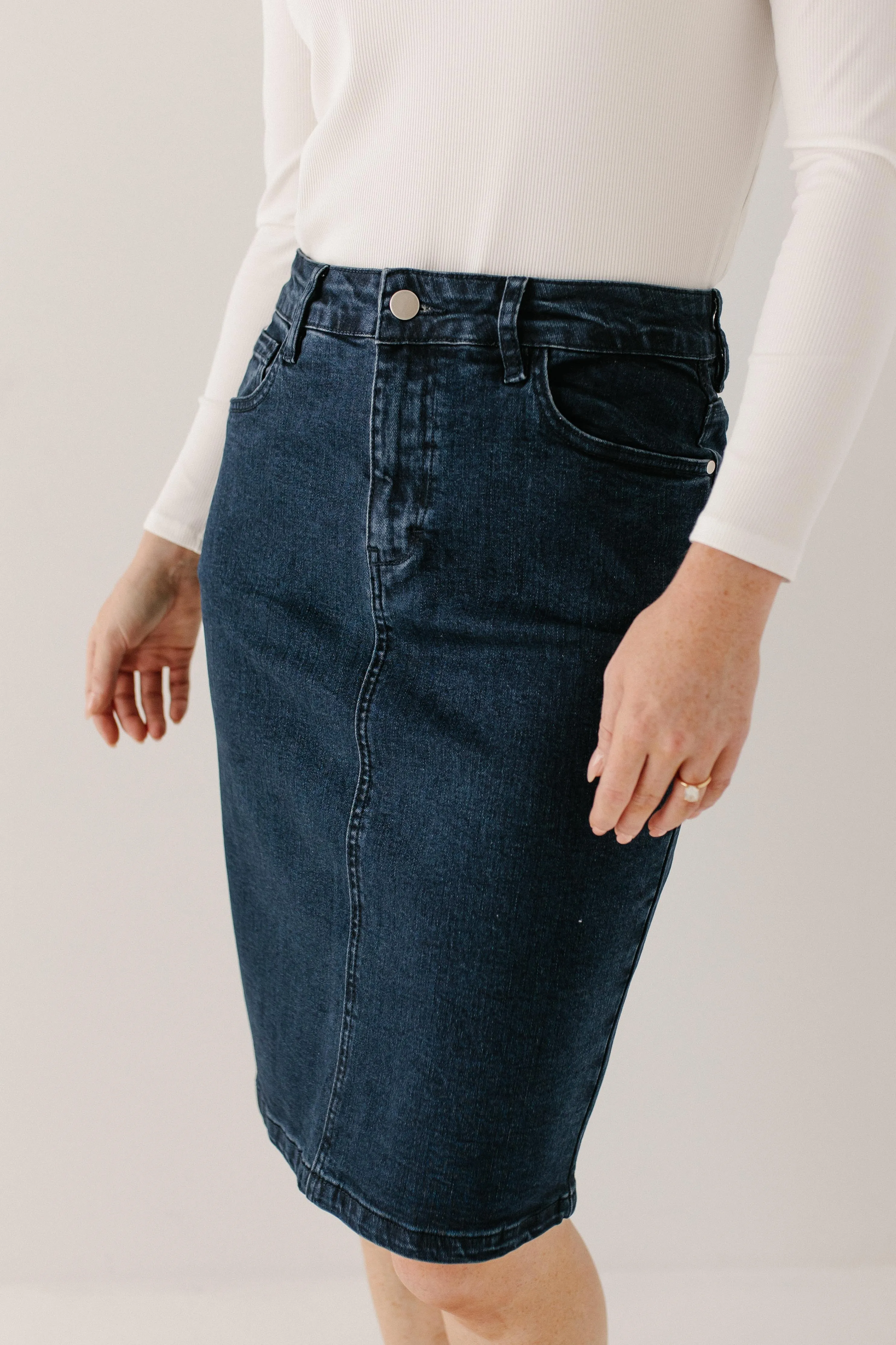 'Krista' Knee Length Denim Pencil Skirt in Dark Wash