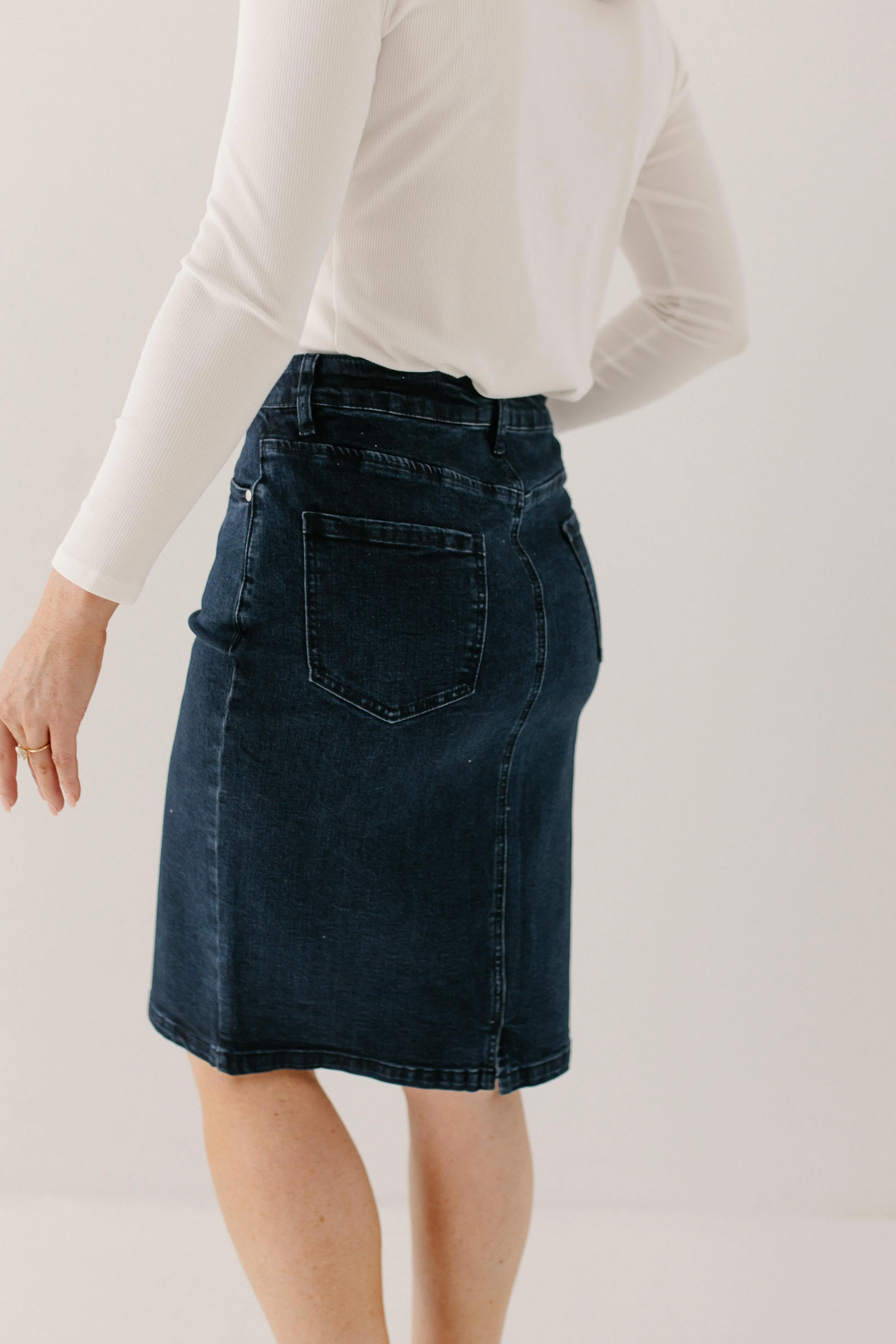 'Krista' Knee Length Denim Pencil Skirt in Dark Wash