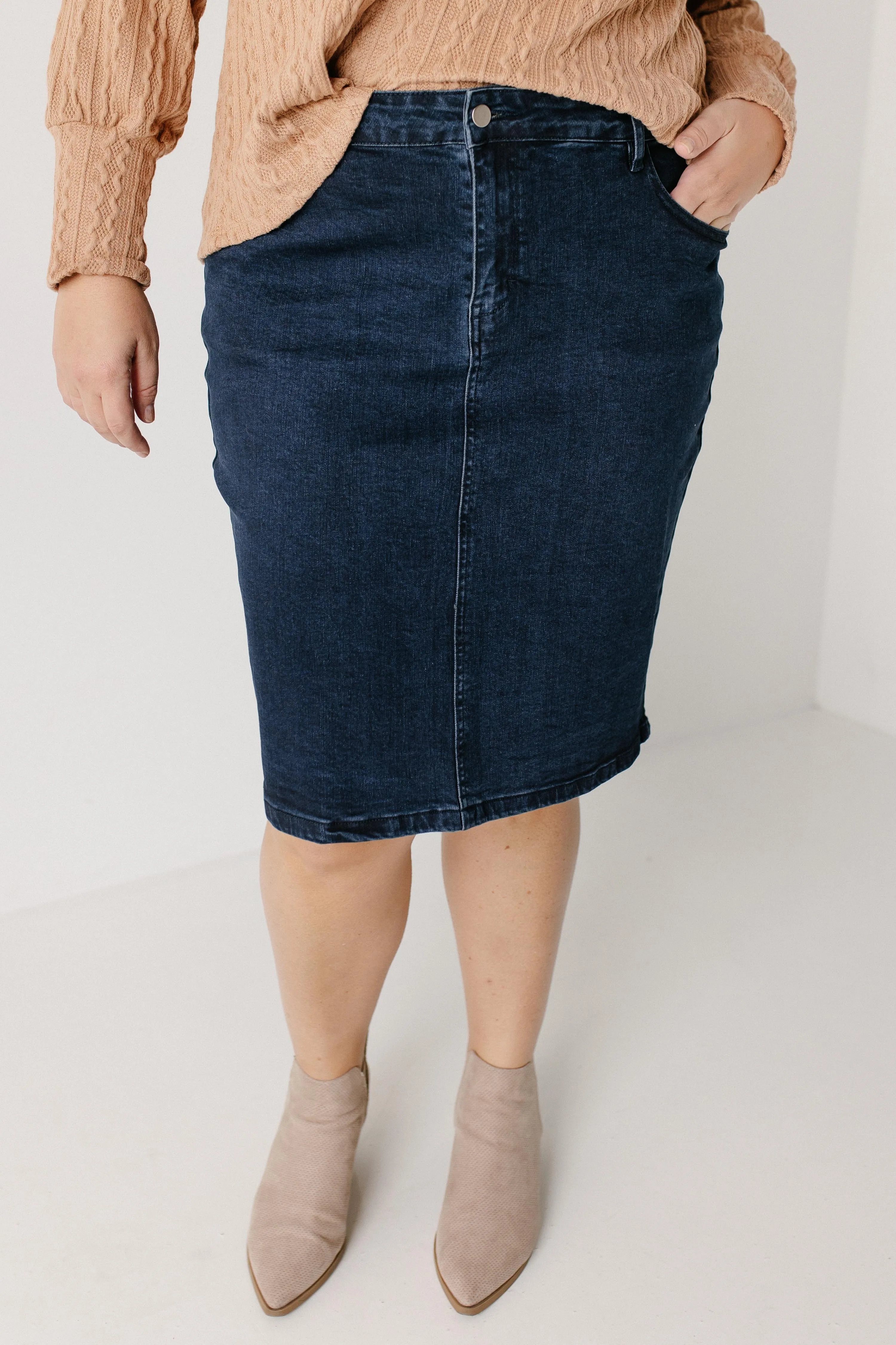 'Krista' Knee Length Denim Pencil Skirt in Dark Wash