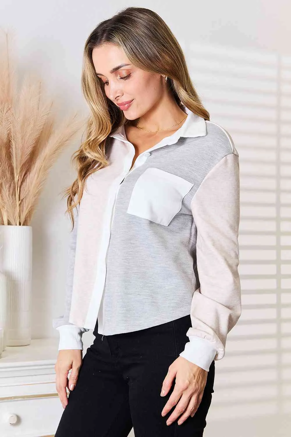 Light Grey Color Block Curved Hem Shirt