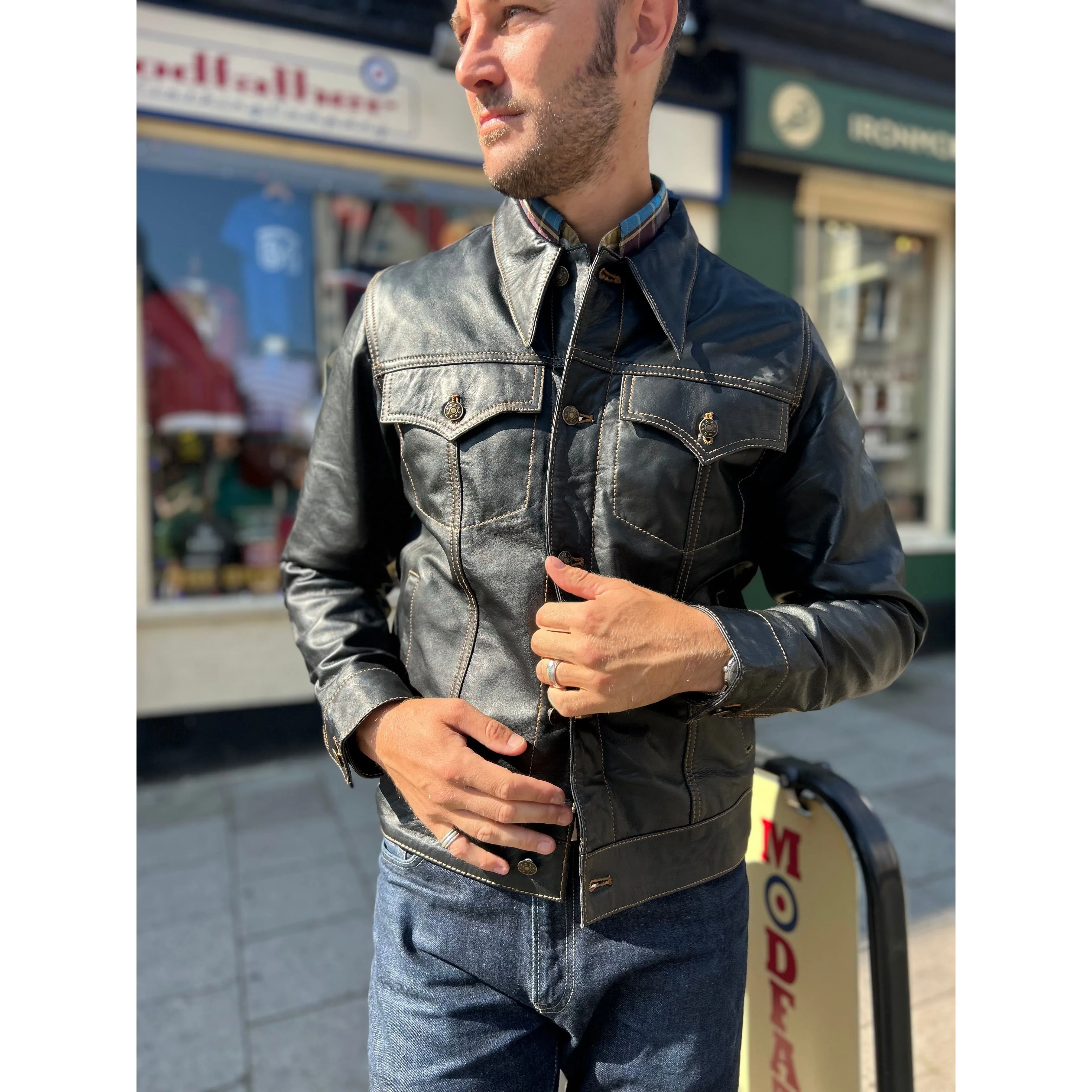 Modfather Clothing - Men’s Leather Black - Trucker Jacket