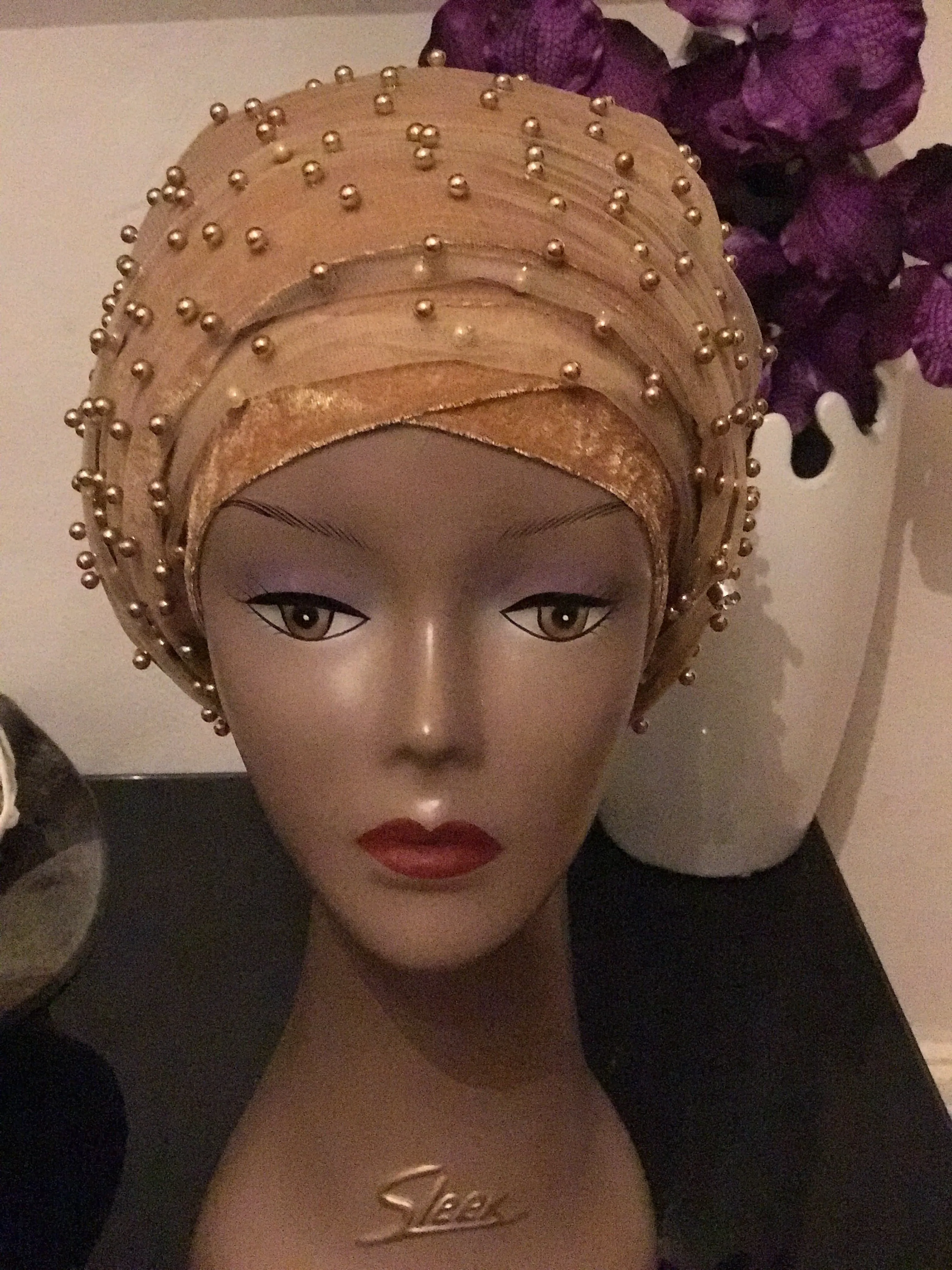 Red Beaded Mesh Velvet Head wrap  ( Extra Long Scarf)