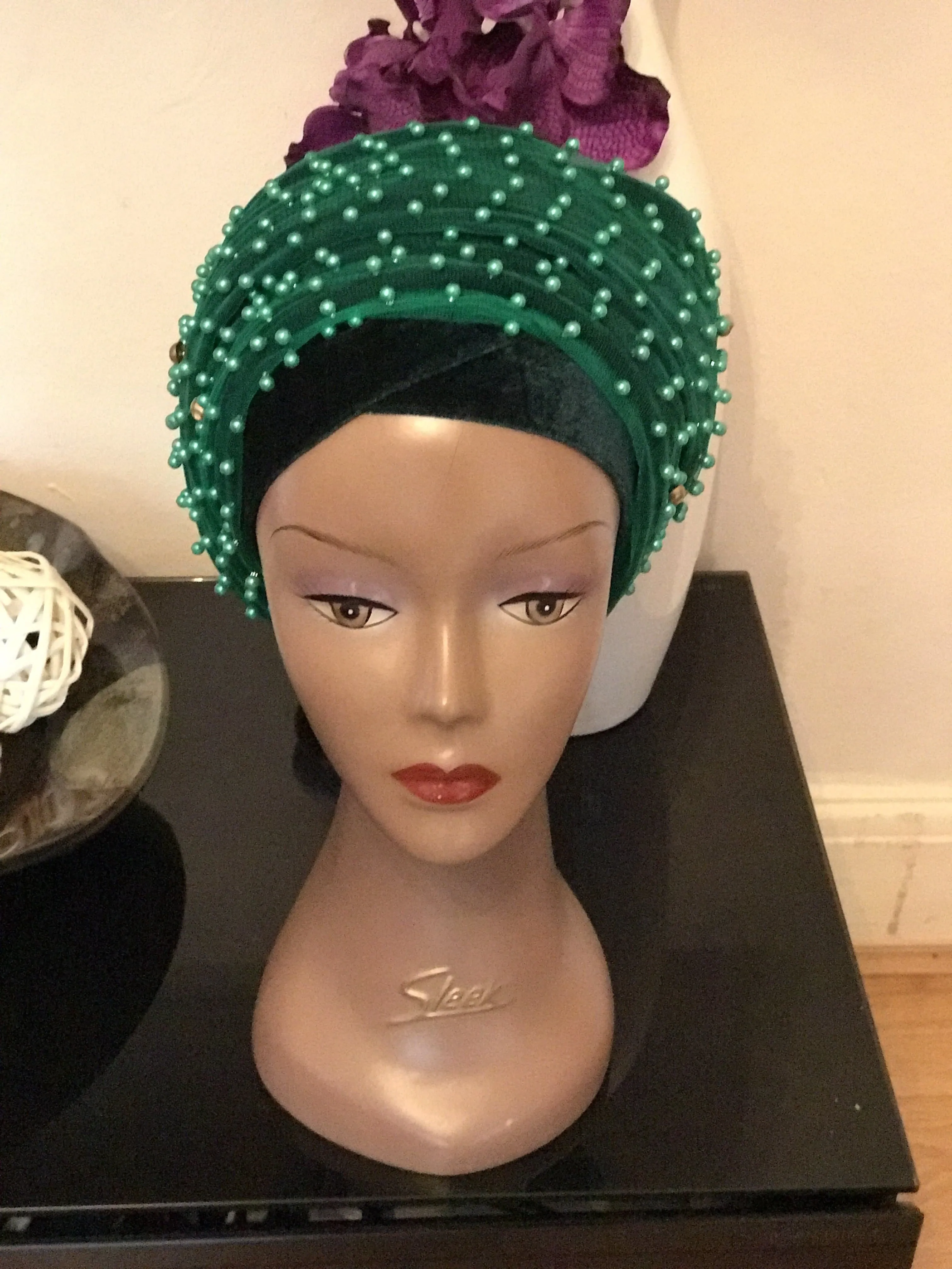 Red Beaded Mesh Velvet Head wrap  ( Extra Long Scarf)