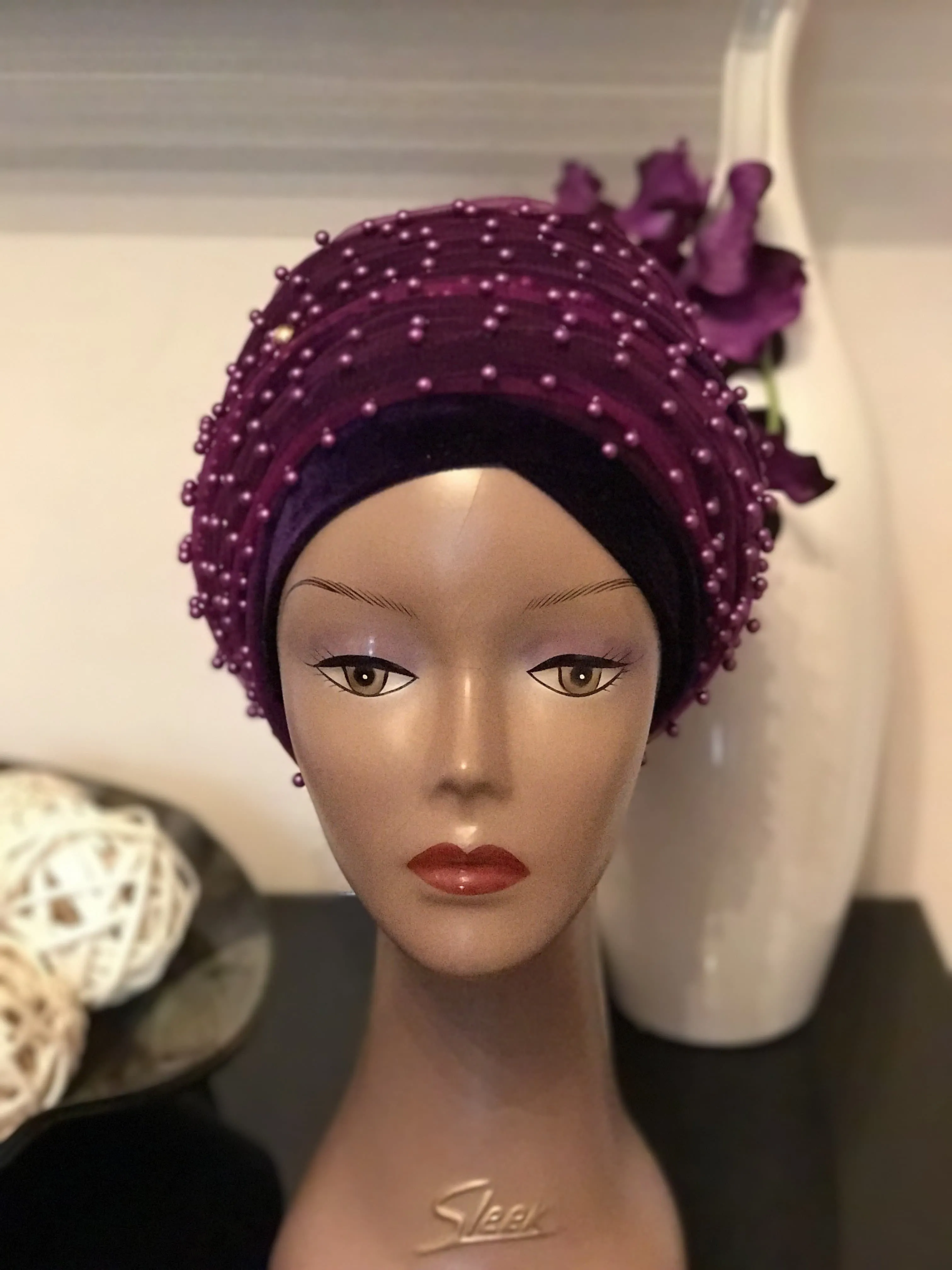 Red Beaded Mesh Velvet Head wrap  ( Extra Long Scarf)