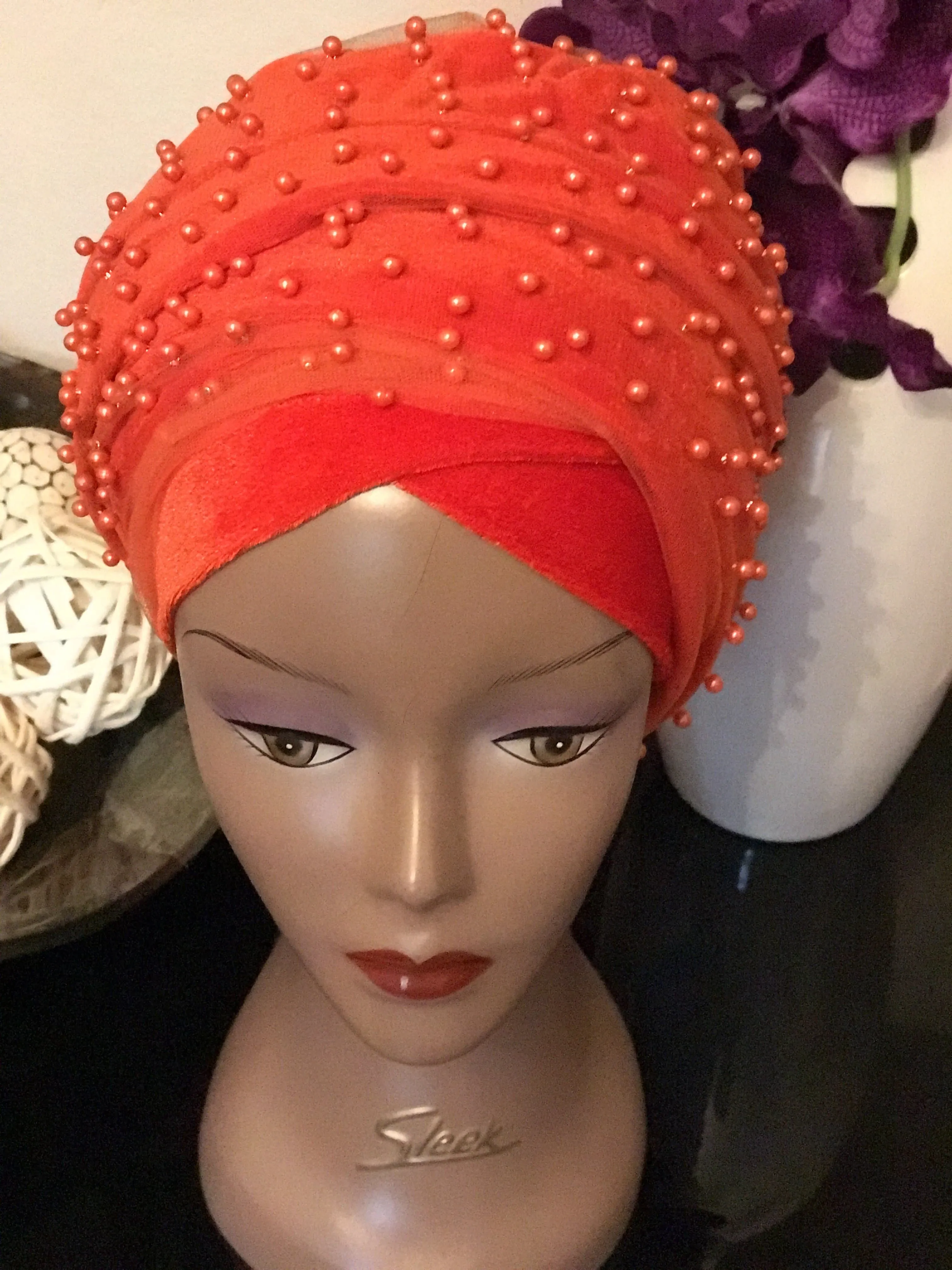 Red Beaded Mesh Velvet Head wrap  ( Extra Long Scarf)