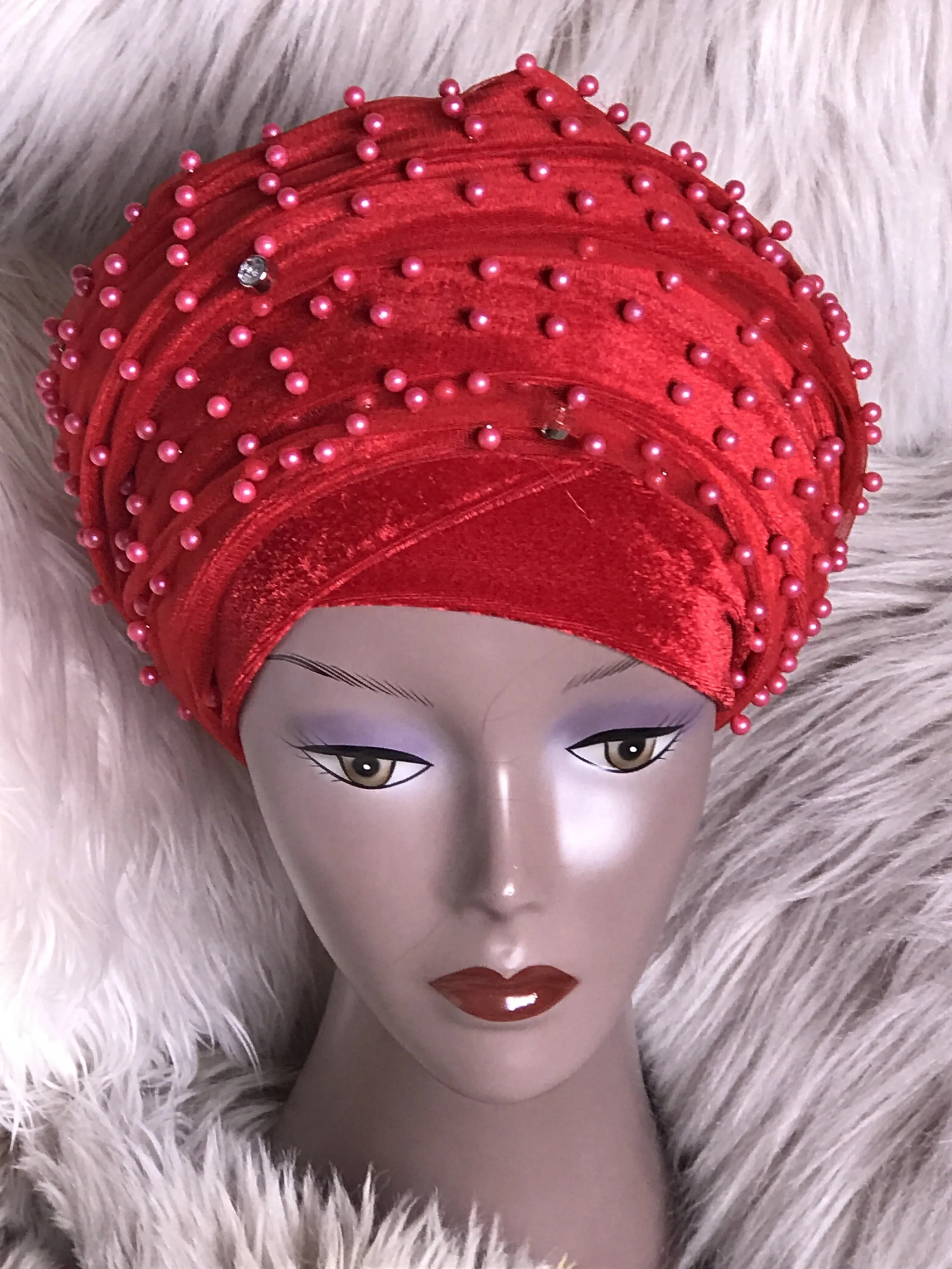 Red Beaded Mesh Velvet Head wrap  ( Extra Long Scarf)