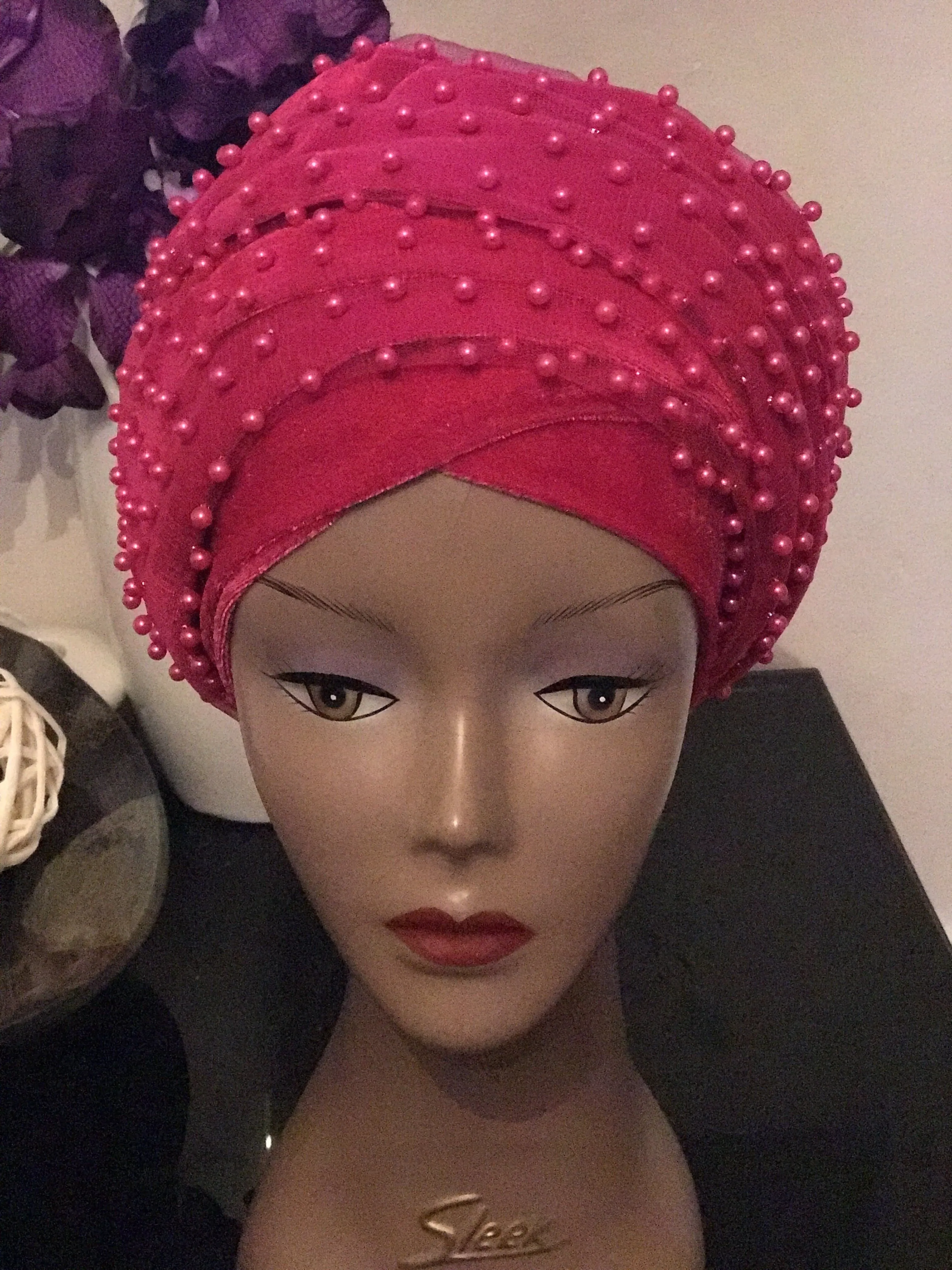 Red Beaded Mesh Velvet Head wrap  ( Extra Long Scarf)