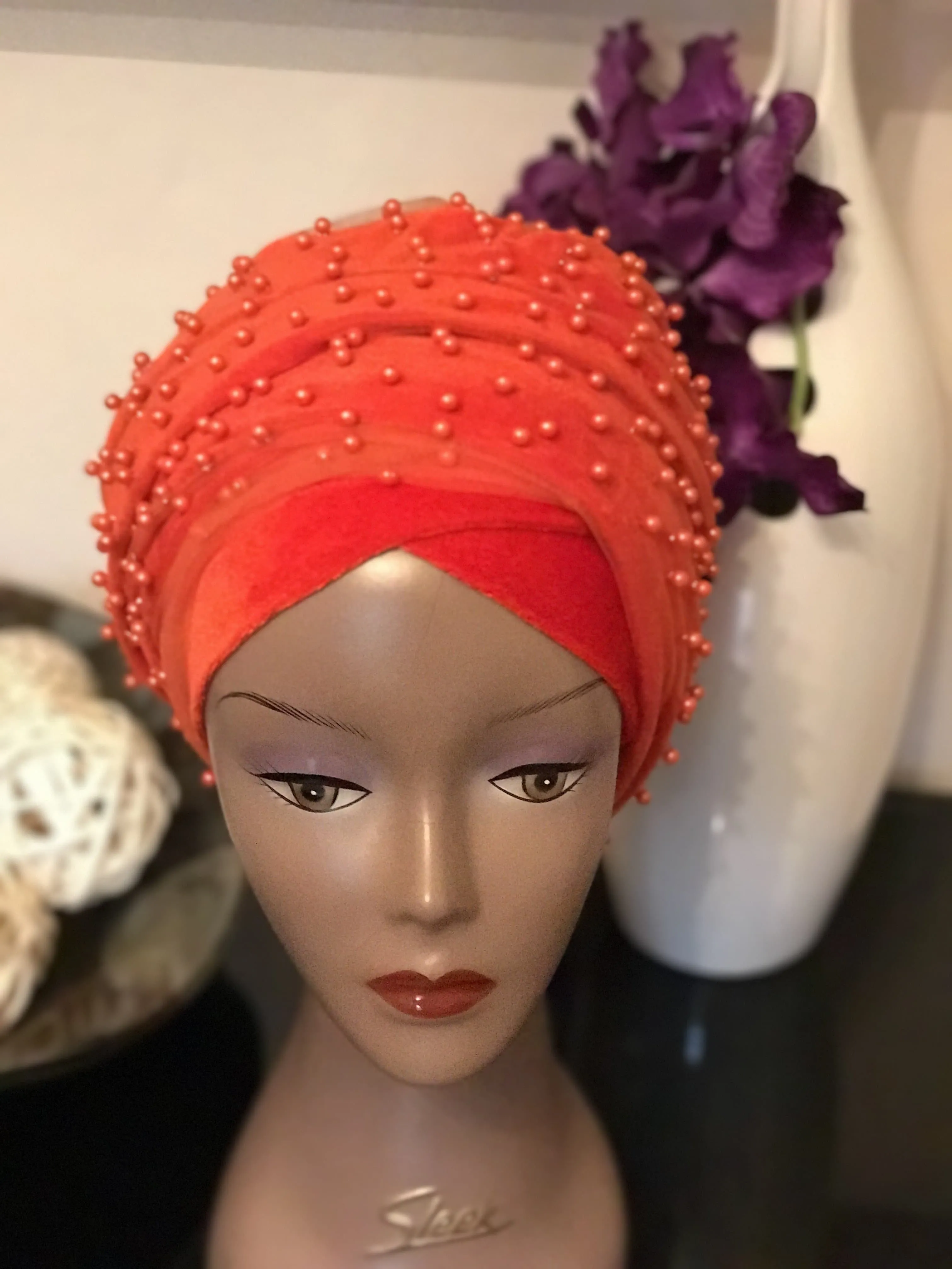 Red Beaded Mesh Velvet Head wrap  ( Extra Long Scarf)