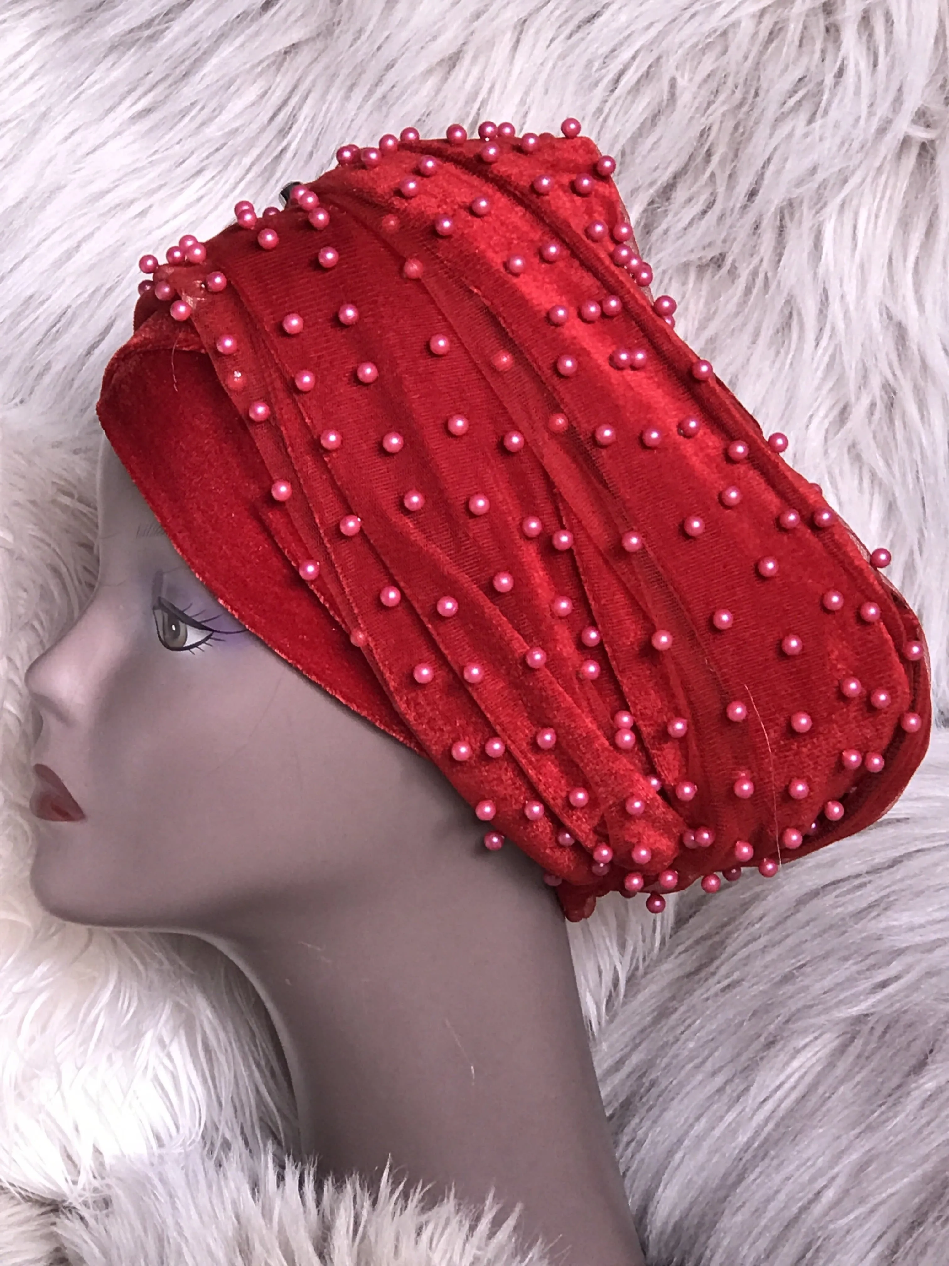 Red Beaded Mesh Velvet Head wrap  ( Extra Long Scarf)