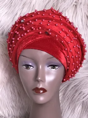 Red Beaded Mesh Velvet Head wrap  ( Extra Long Scarf)