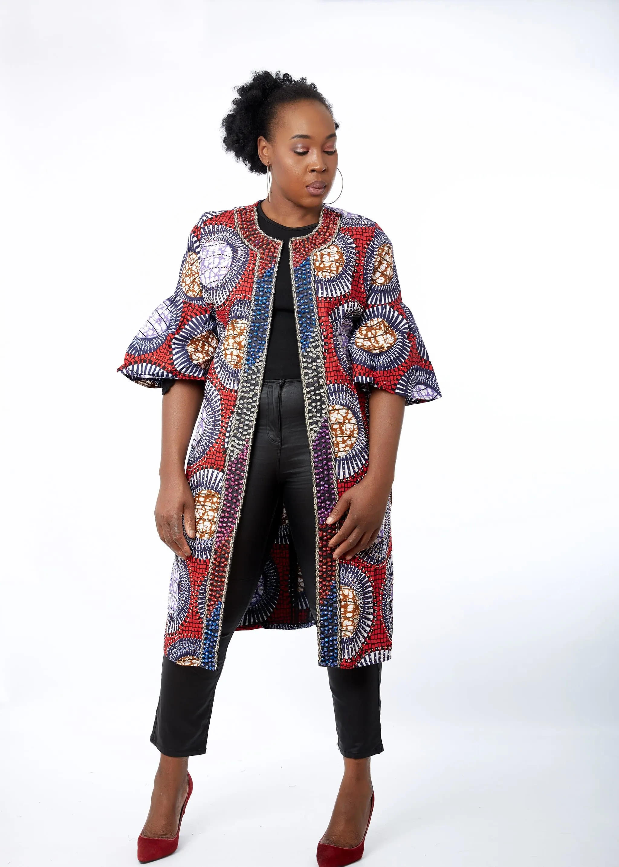 Remmy African Print Embellished Duster Midi Jacket