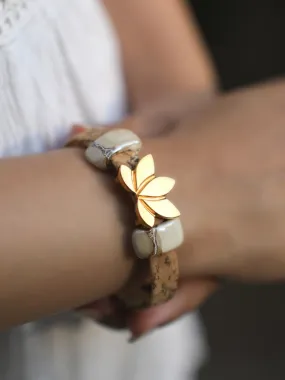 Sacred Lotus Bracelet in White and Gold in Porcelain Ceramic and Cork