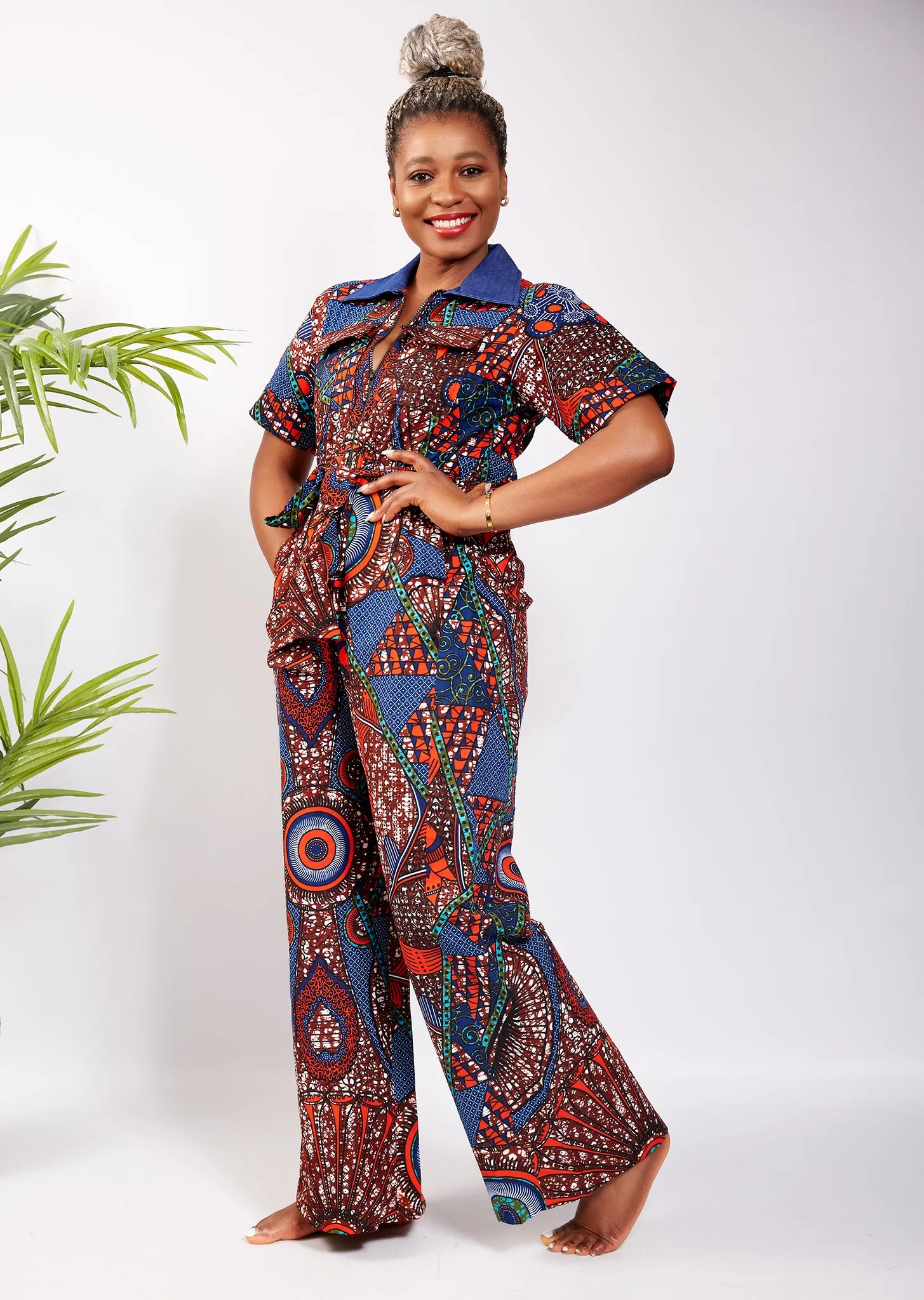 Short Sleeve African Print  Cargo Pant Suit/Jumpsuit with Denim Collar - Otii