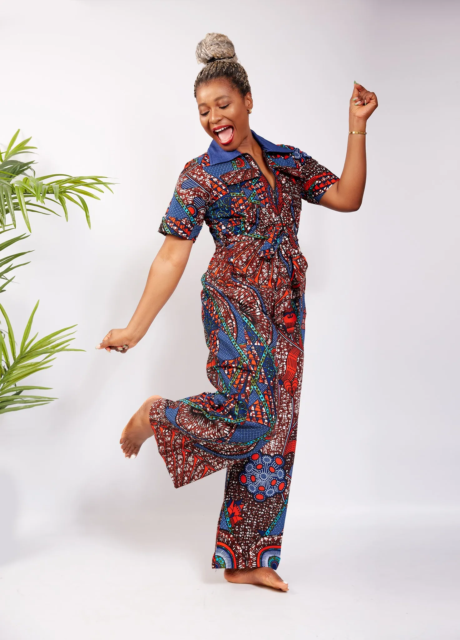 Short Sleeve African Print  Cargo Pant Suit/Jumpsuit with Denim Collar - Otii