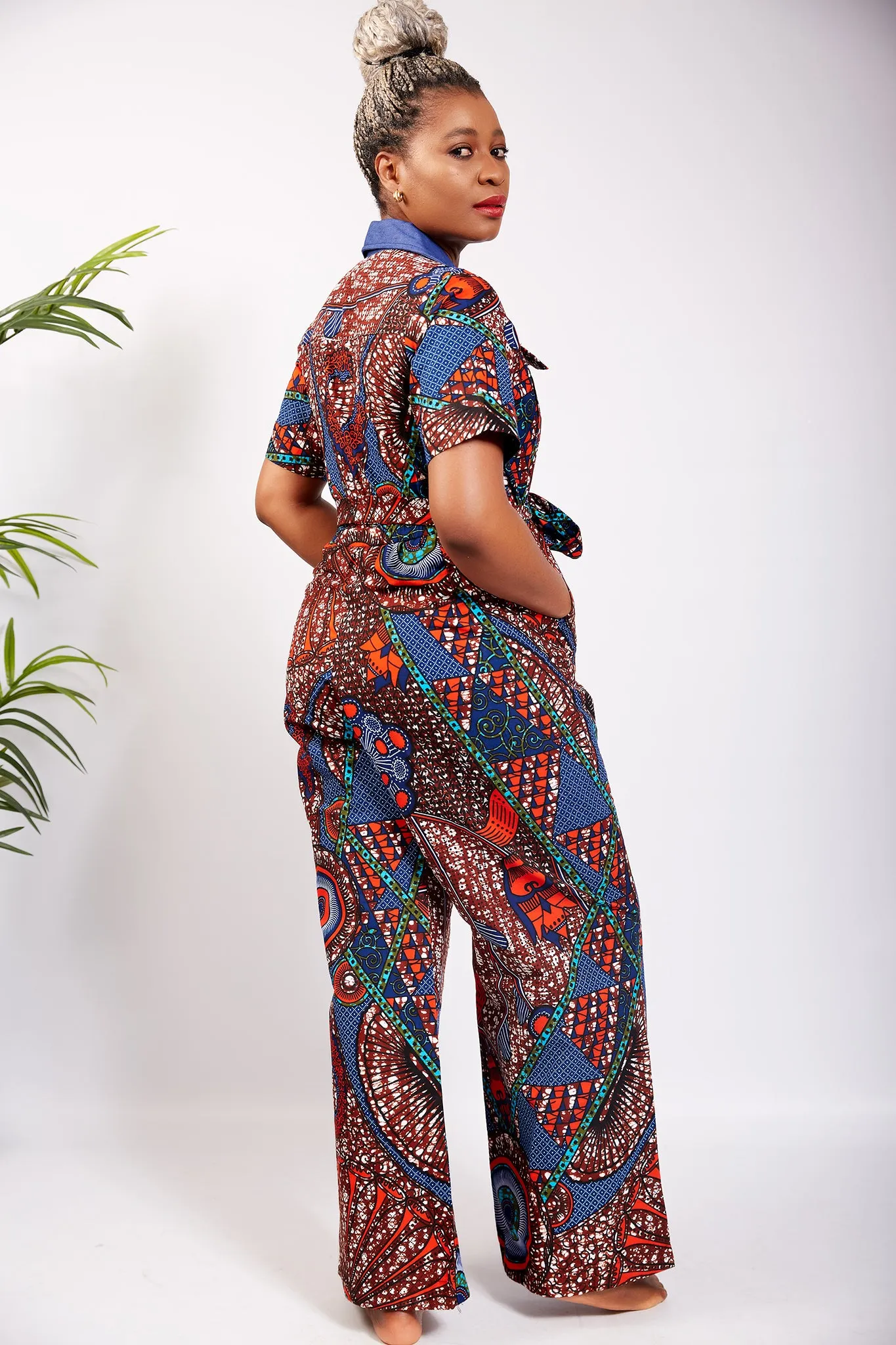 Short Sleeve African Print  Cargo Pant Suit/Jumpsuit with Denim Collar - Otii