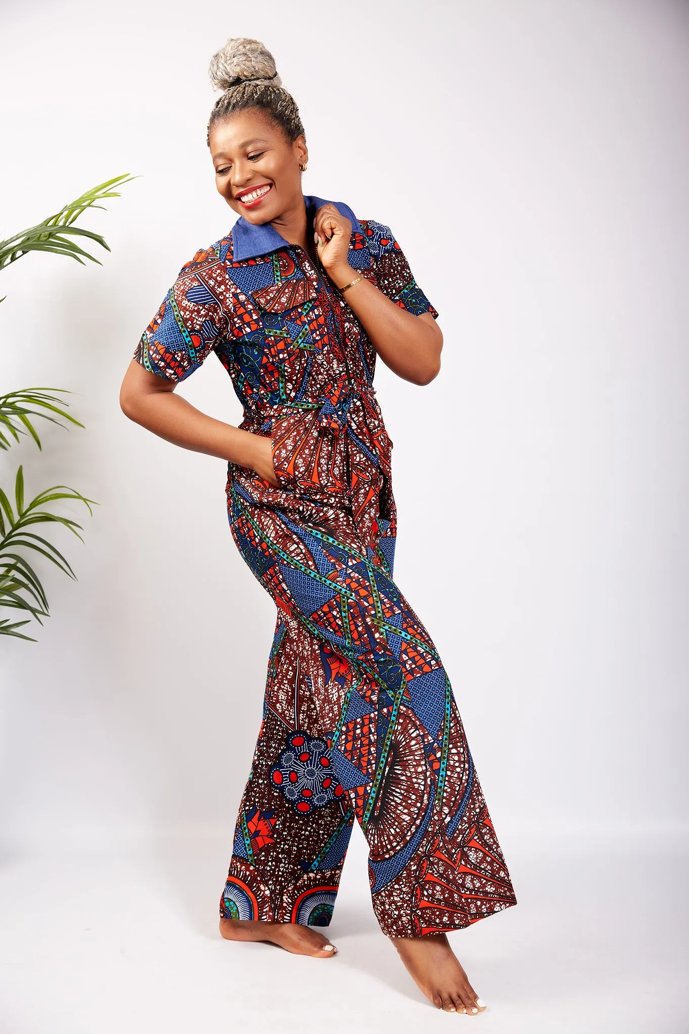 Short Sleeve African Print  Cargo Pant Suit/Jumpsuit with Denim Collar - Otii