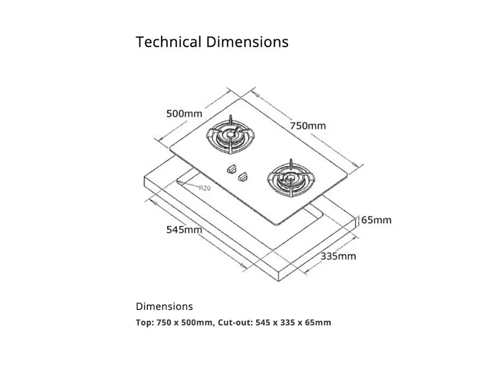 Tecno 2-Burner 70cm Tempered Glass Cooker Hob (T22TGSV), Sparkling Black