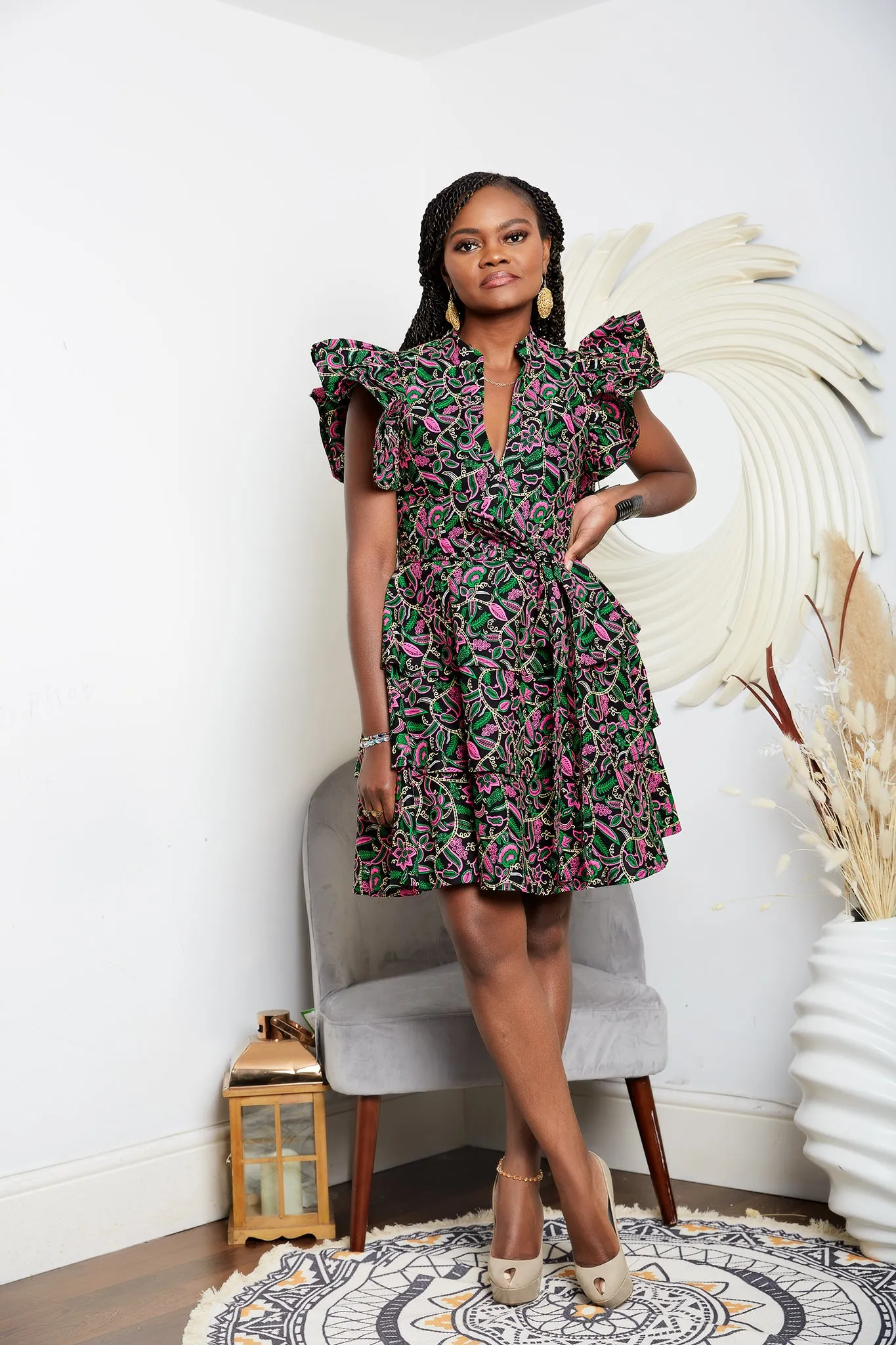 Tiered African Print Cotton Mini Dress with Exaggerated Sleeves - Latifah