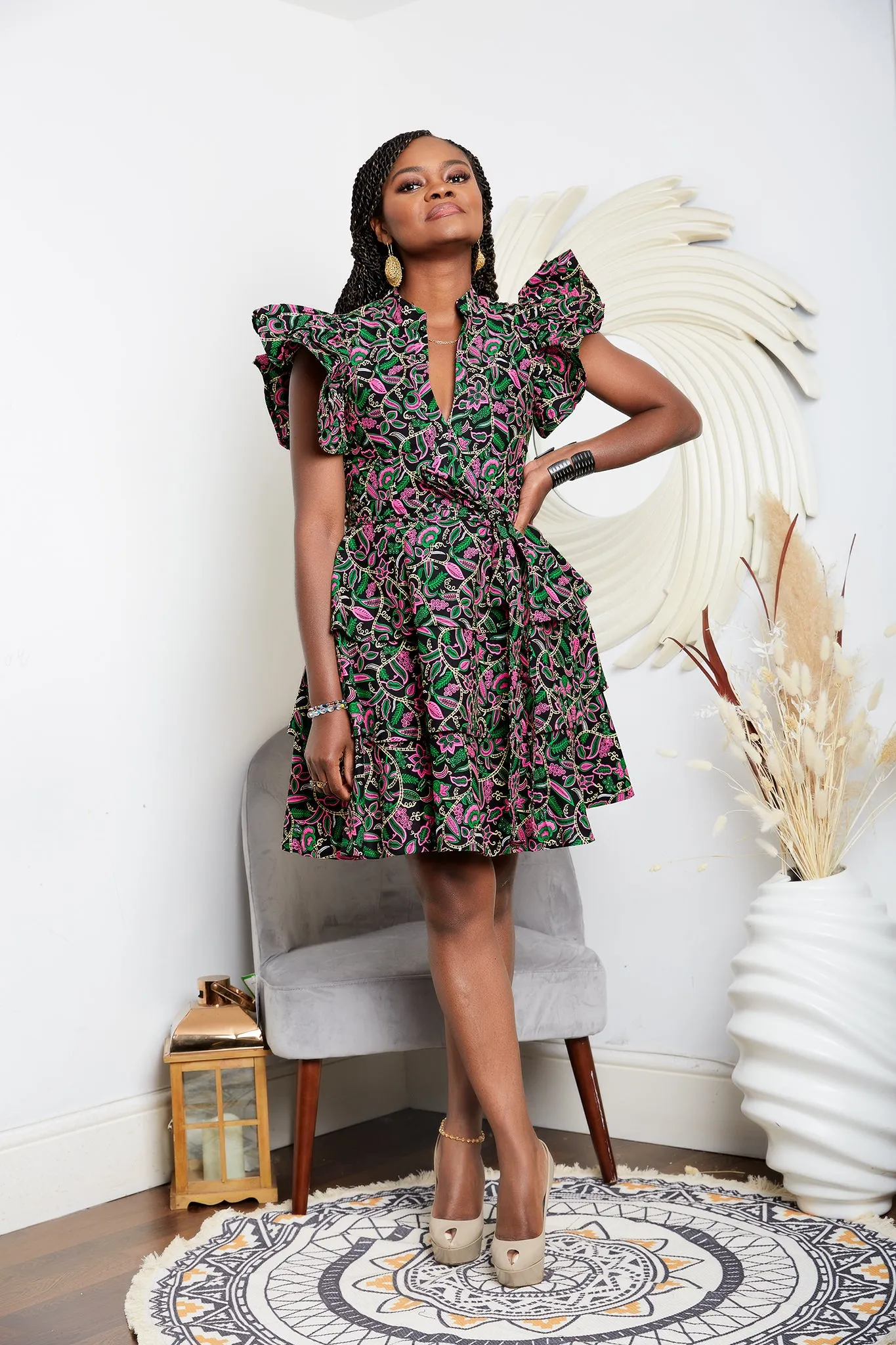 Tiered African Print Cotton Mini Dress with Exaggerated Sleeves - Latifah