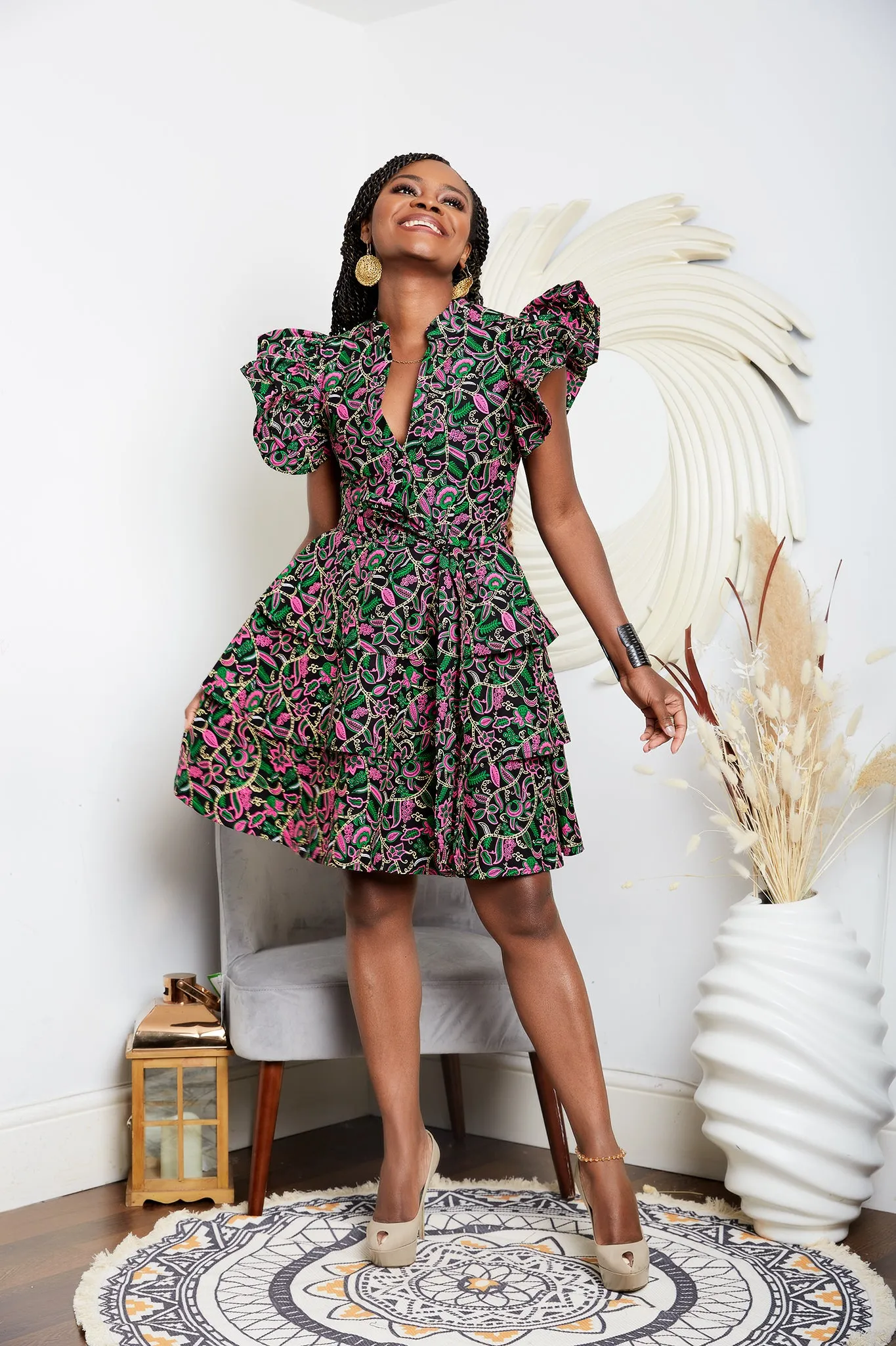 Tiered African Print Cotton Mini Dress with Exaggerated Sleeves - Latifah